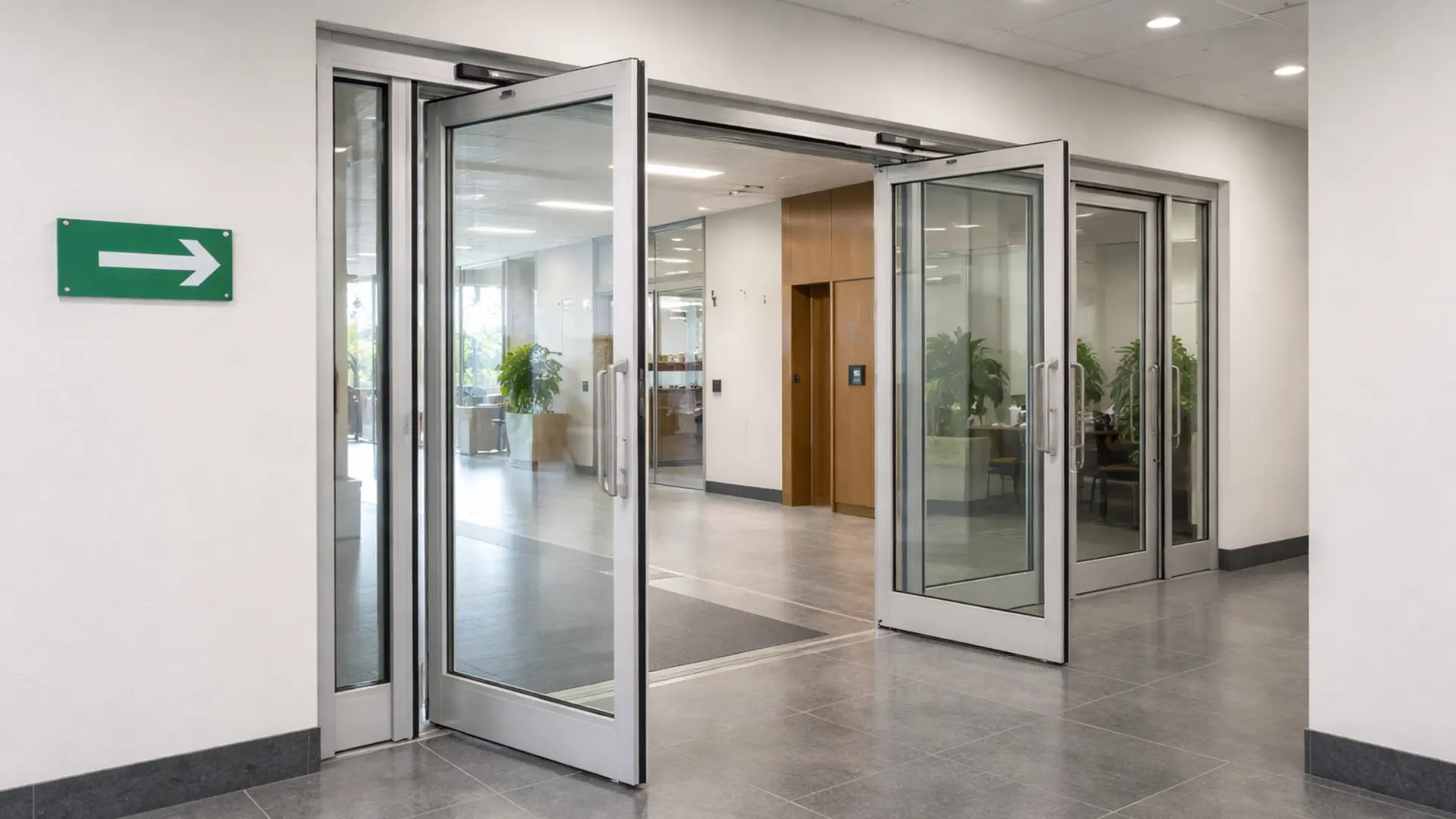 Automatic swinging glass doors at modern commercial office entrance with directional sign and interior workspace