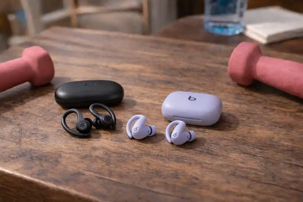 Beats Powerbeats Pro 2 and JLab sport earbuds with charging cases on wooden table near dumbbells
