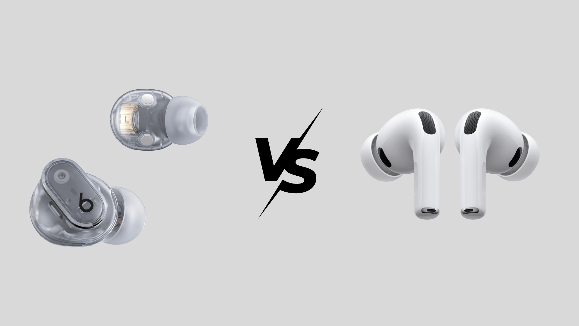 Beats Studio Buds transparent earbuds compared with Apple AirPods Pro showing stem design and in-ear fit with a VS symbol in the center