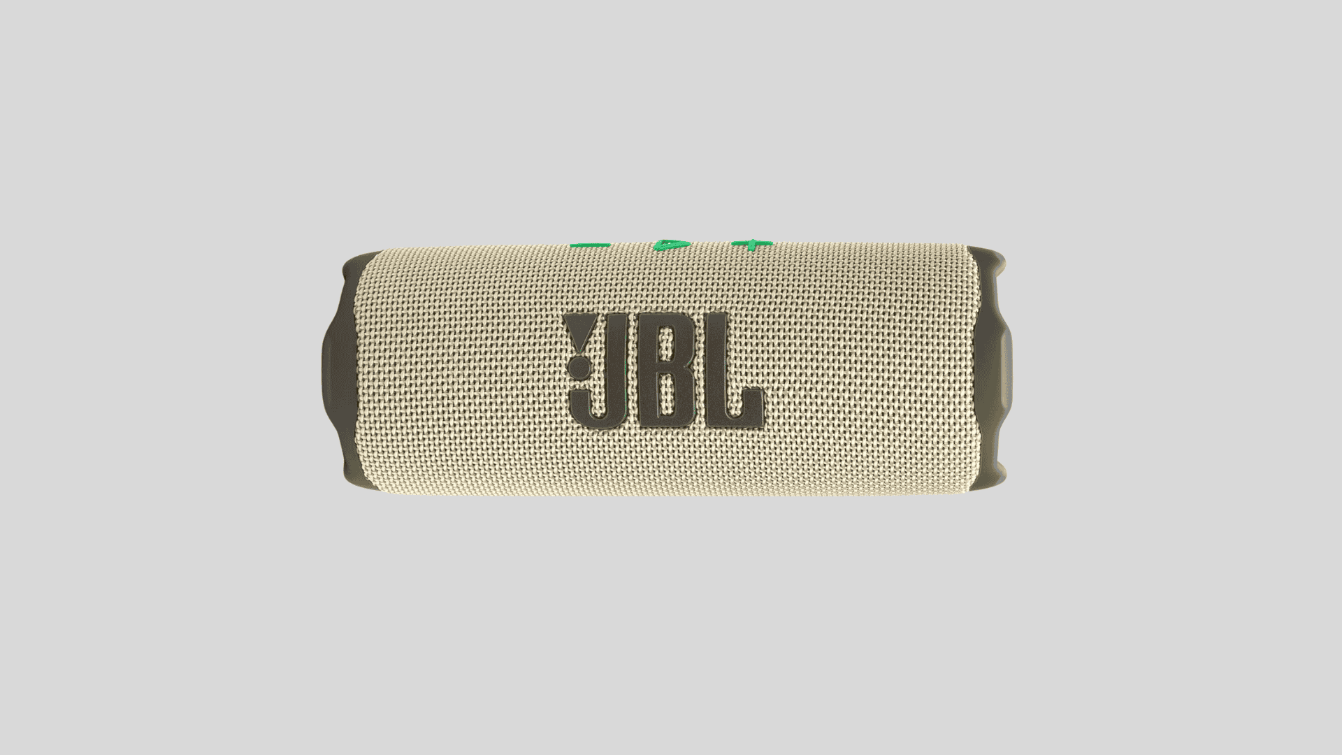 Beige JBL Flip 7 portable Bluetooth speaker with green logo and side bumpers on a clean light grey background
