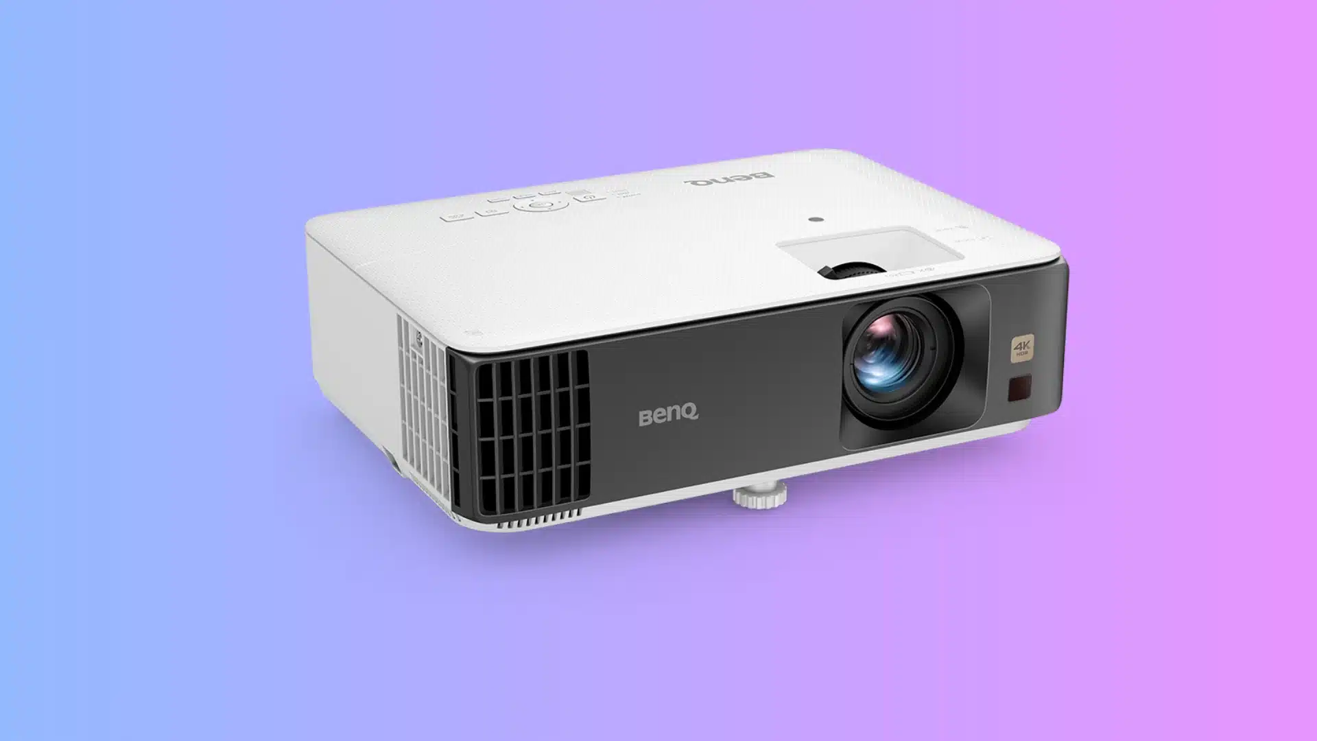 BenQ X500i 4K gaming projector with front lens, air vents, and control panel on top displayed on a purple gradient background
