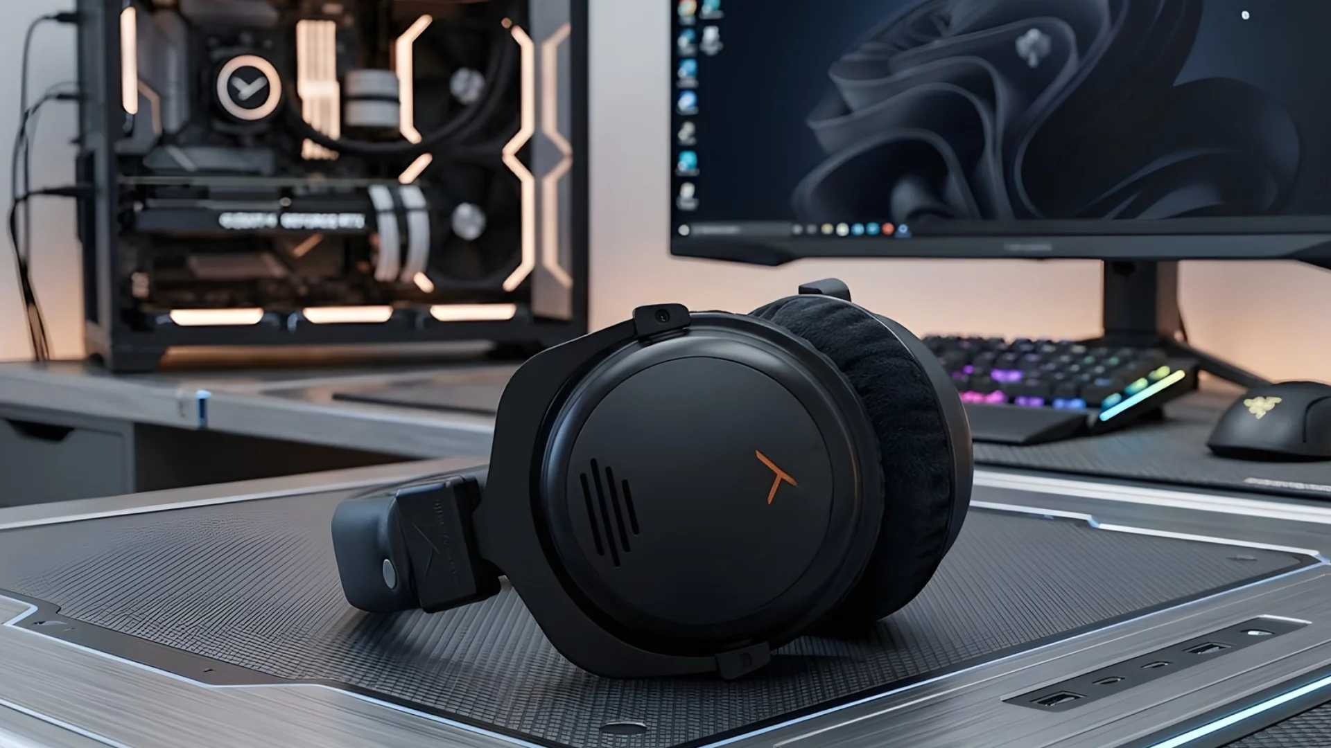 Beyerdynamic MMX 330 Pro resting on desk mat with gaming PC setup and monitor in background, plush ear cushions visible