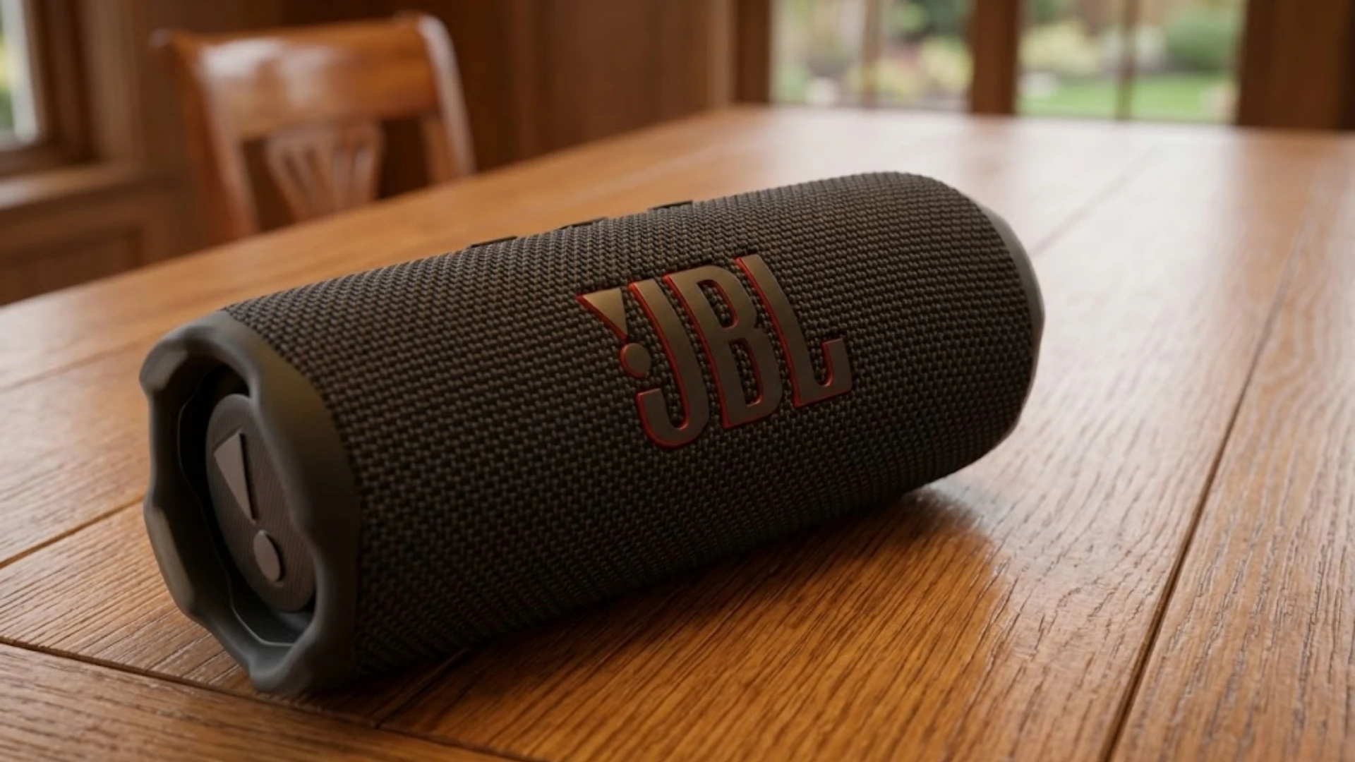 Black JBL Flip 7 portable Bluetooth speaker placed on a wooden table with red JBL logo and side radiator visible