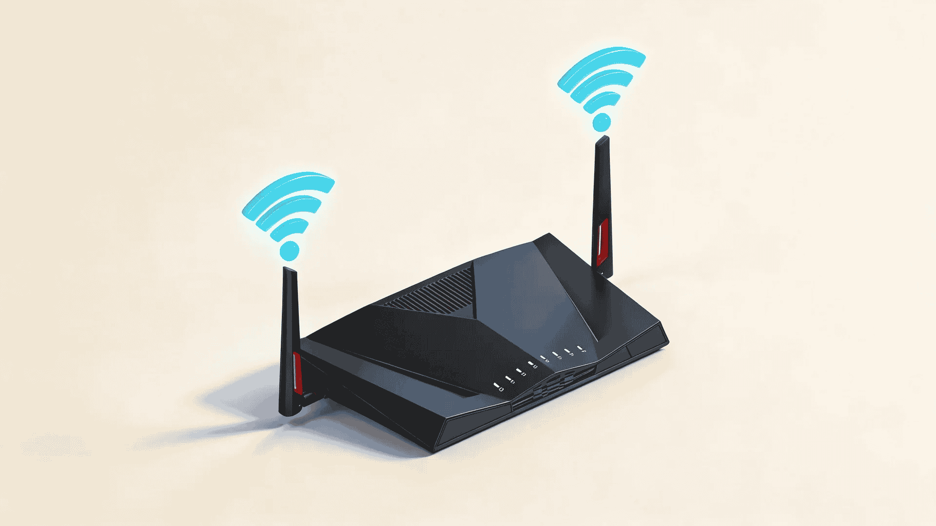 Black WiFi router with two antennas emitting blue signal waves, placed on a clean background with soft lighting
