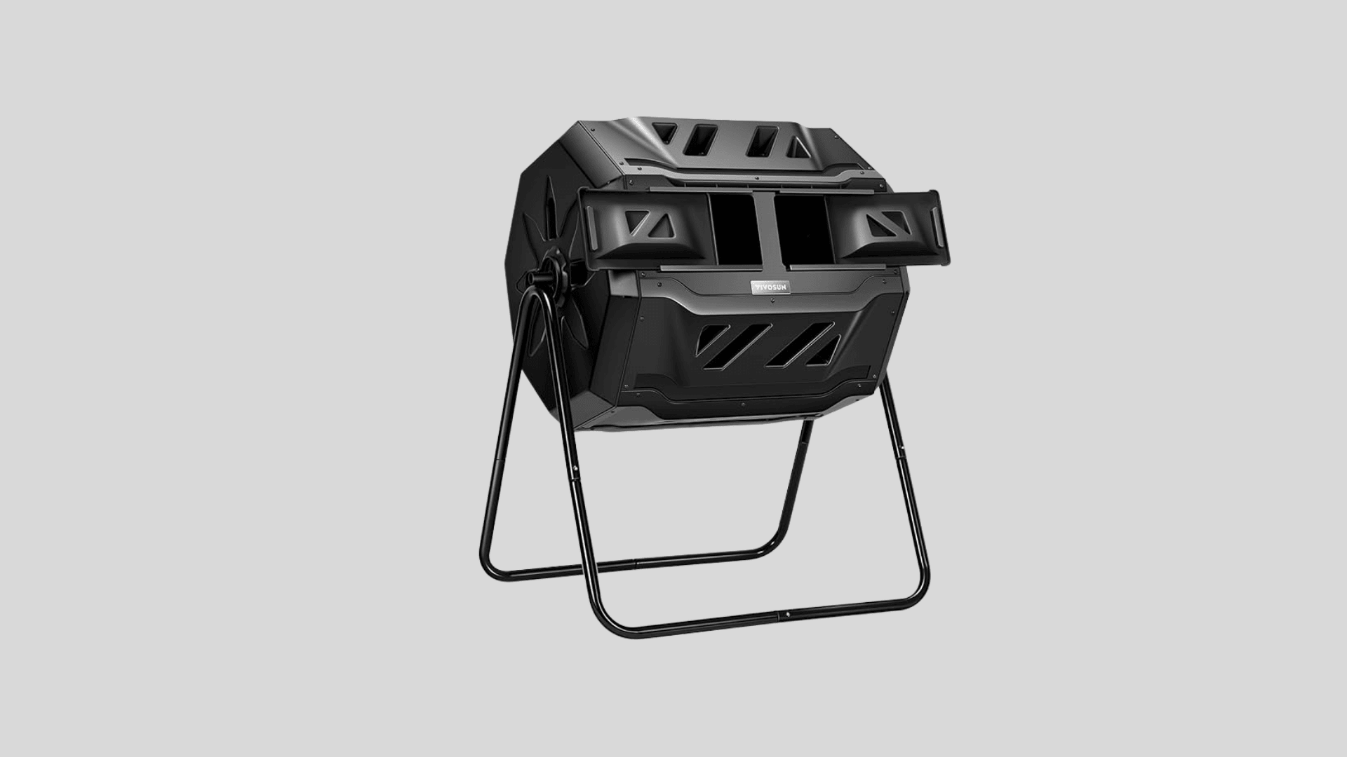 Black dual chamber compost tumbler bin on sturdy frame with rotating design for outdoor composting use