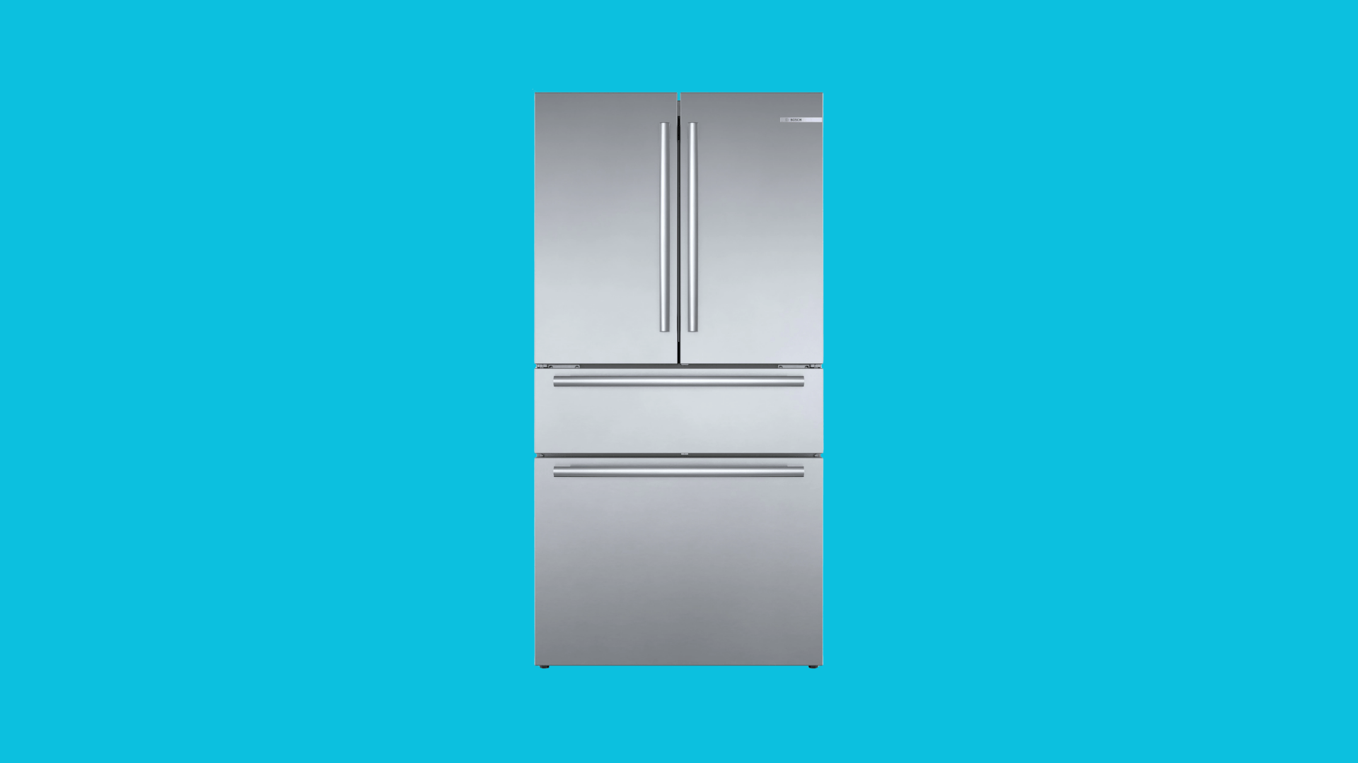 Bosch stainless steel French door refrigerator with dual freezer drawers and sleek minimalist handle design