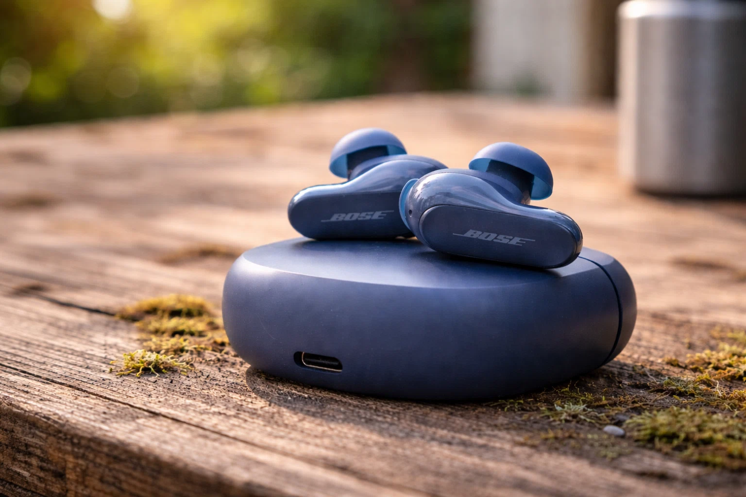 Bose QuietComfort Ultra Earbuds in blue on charging case outdoors
