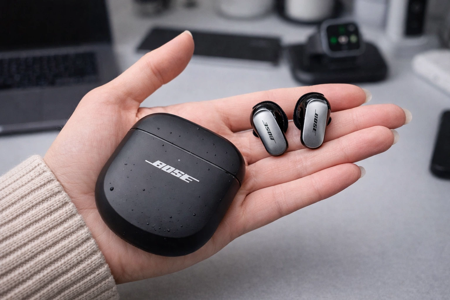 Bose QuietComfort Ultra earbuds and charging case held in hand close up view