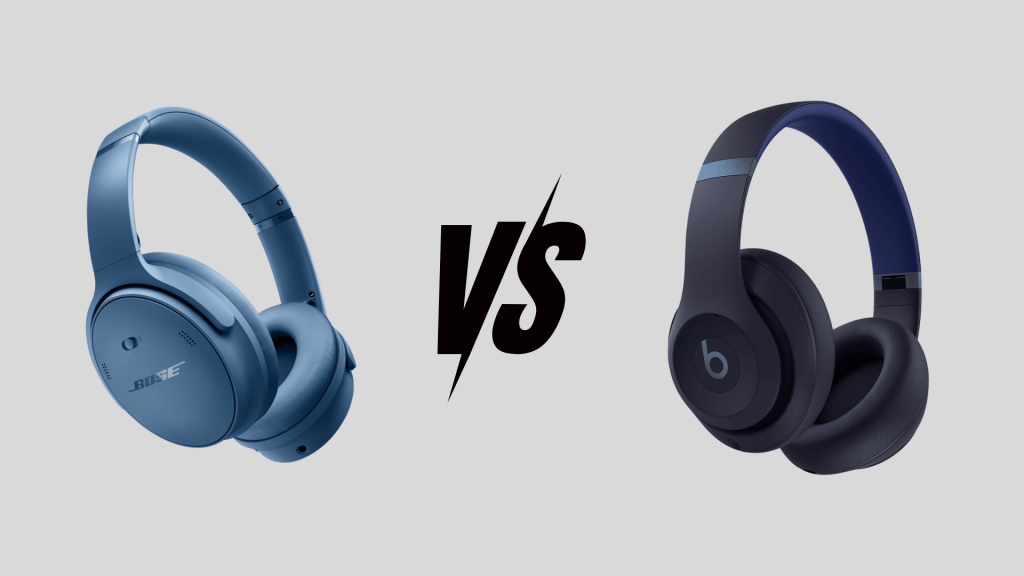Bose QuietComfort and Beats Studio Pro wireless headphones side by side comparison with VS symbol on clean light grey background
