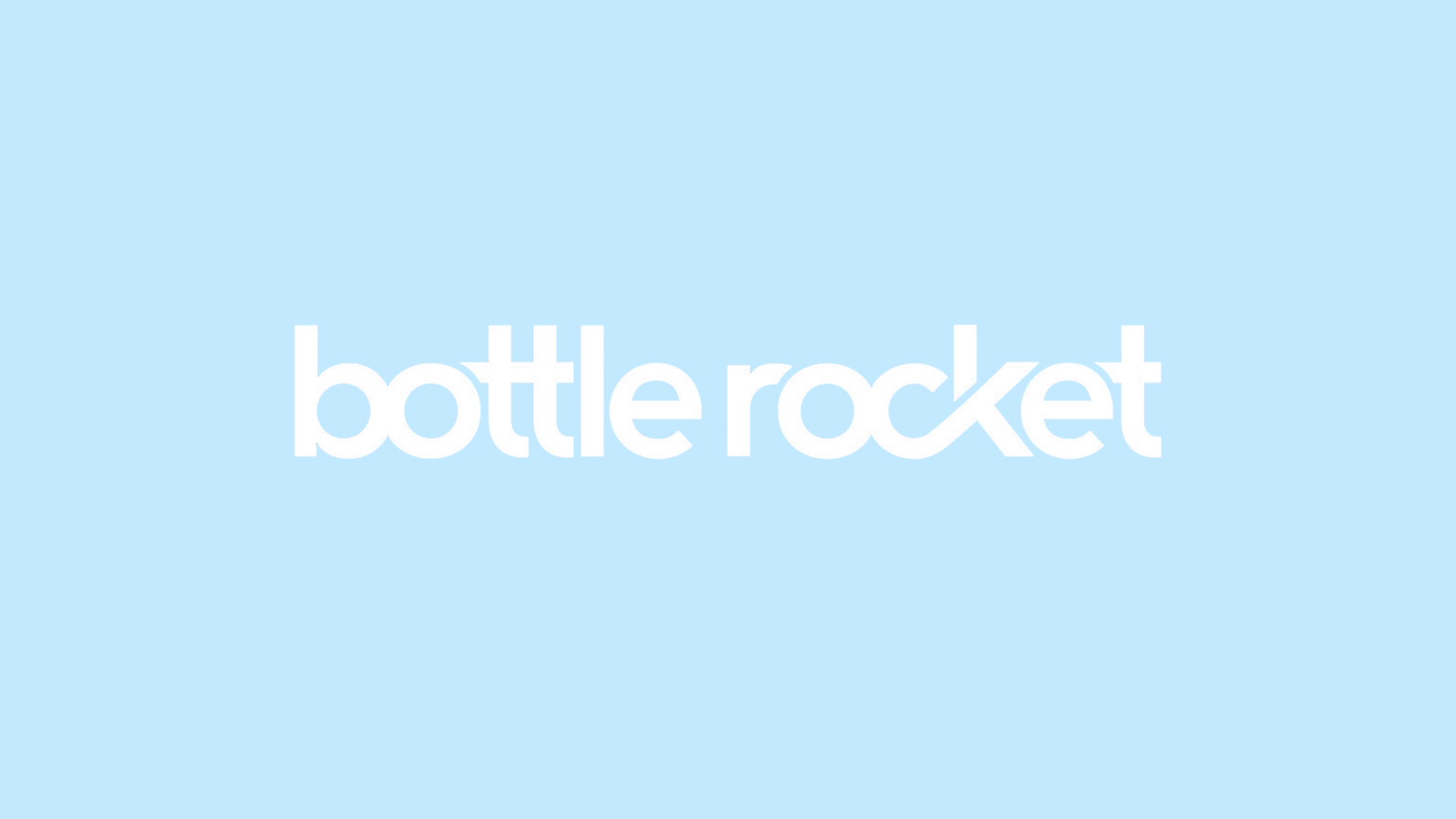 Bottle Rocket company logo with simple white bottle rocket wordmark centered on a light blue background