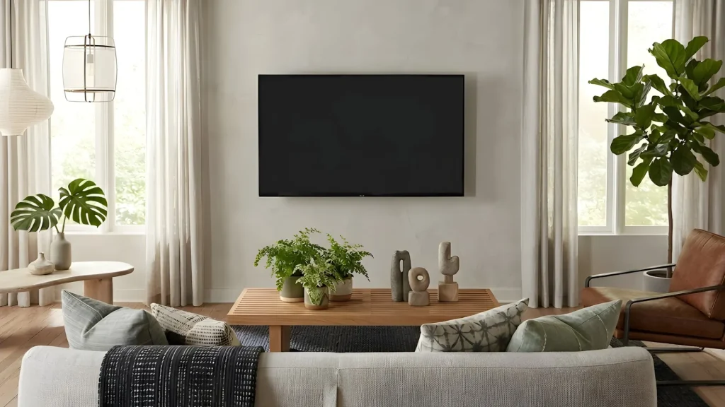 Bright living room with wall mounted TV, neutral decor, wooden coffee table, indoor plants, and large windows with sheer curtains