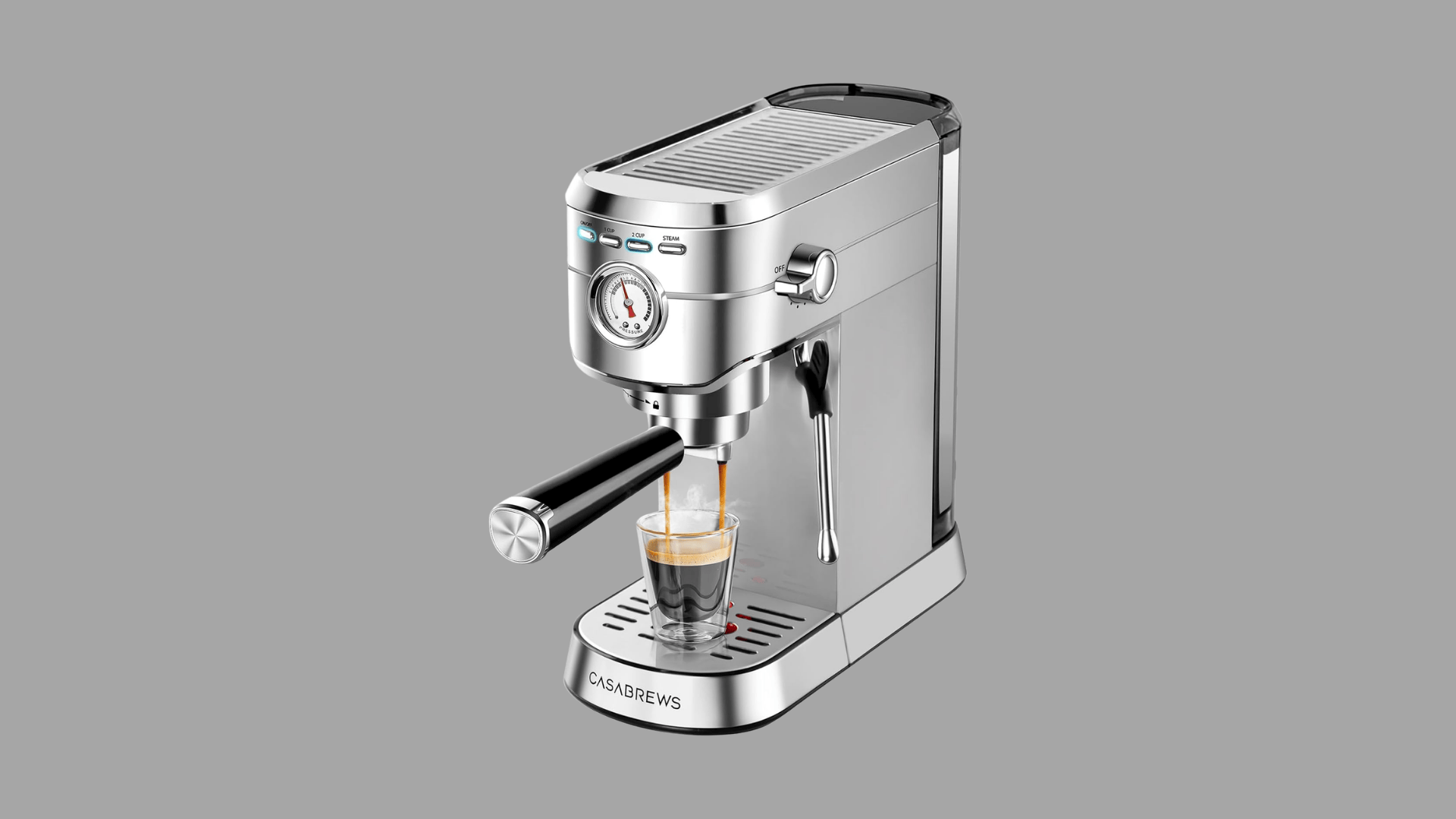 Casabrews stainless steel espresso machine with pressure gauge, steam wand, and dual spouts brewing fresh espresso shot