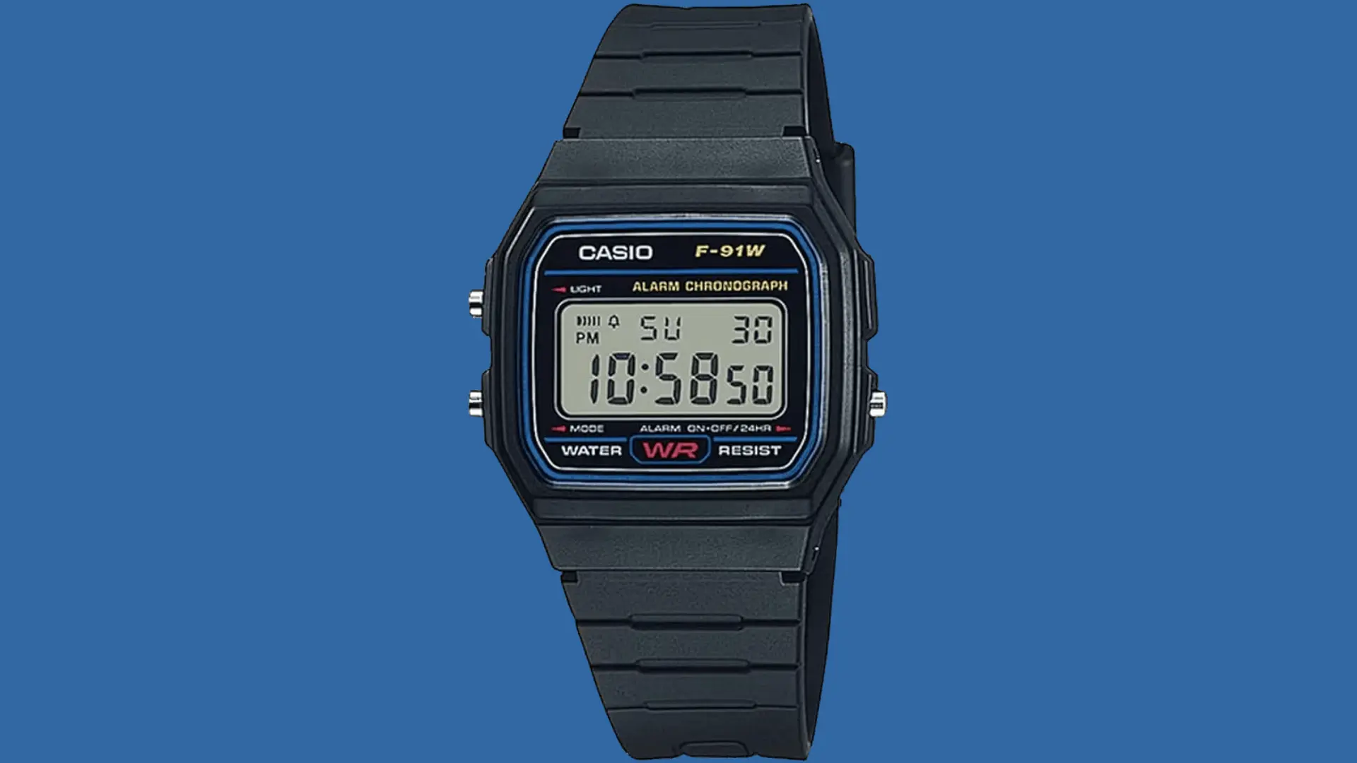 Casio F91W digital watch with black resin strap and classic LCD display on a simple blue background