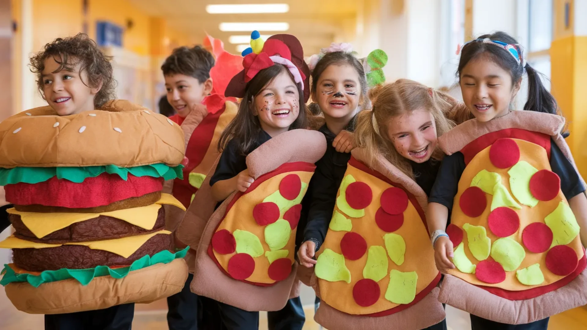 Children dressed as hamburger and pizza slices smiling together during school favourite food themed costume day