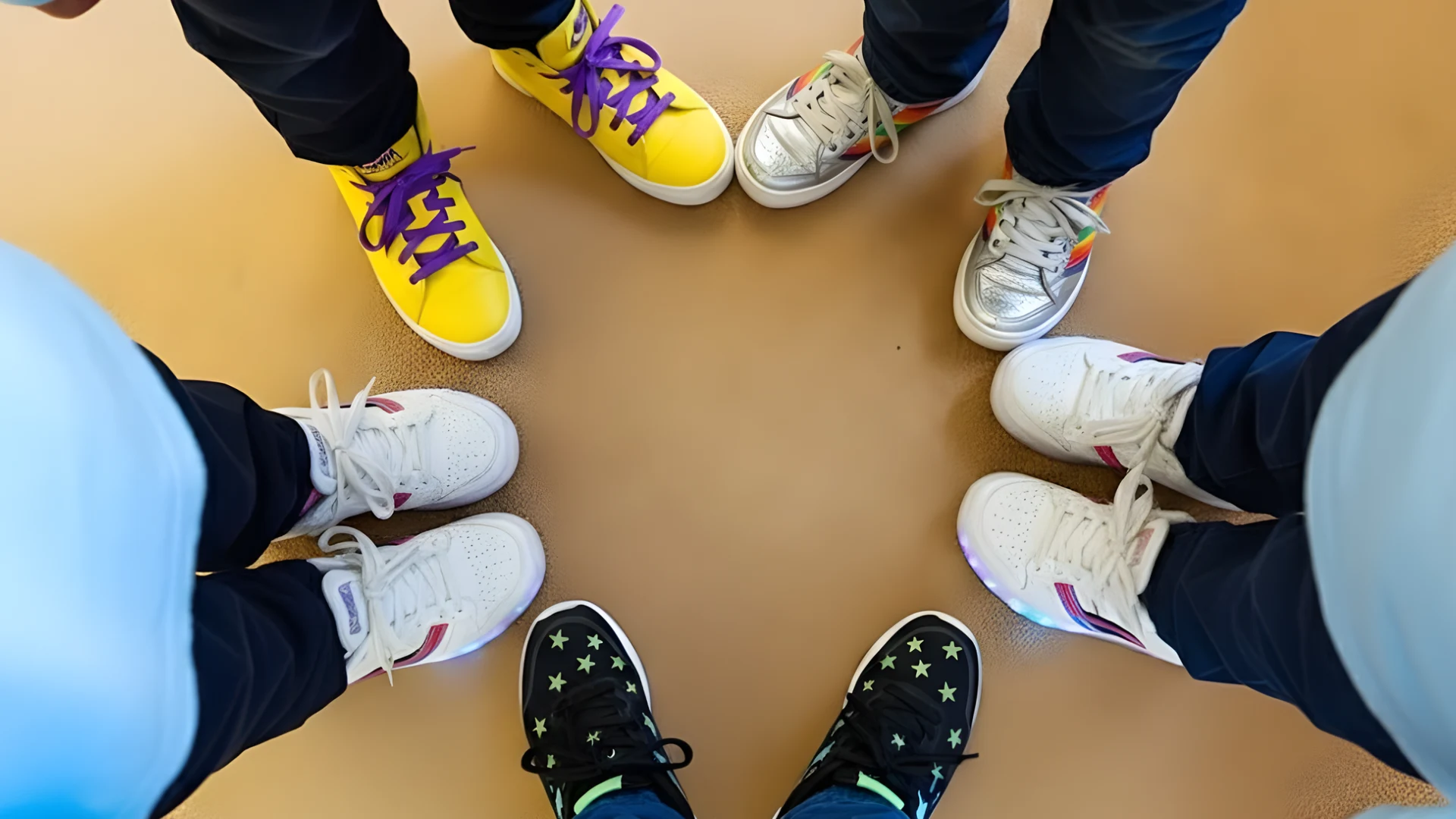 Children standing in circle showing colorful sneakers including yellow, white, silver, and black shoes on classroom floor