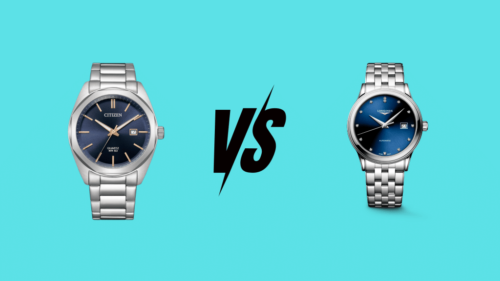 Citizen quartz watch vs Longines automatic watch comparison with both watches shown side by side and VS symbol in center
