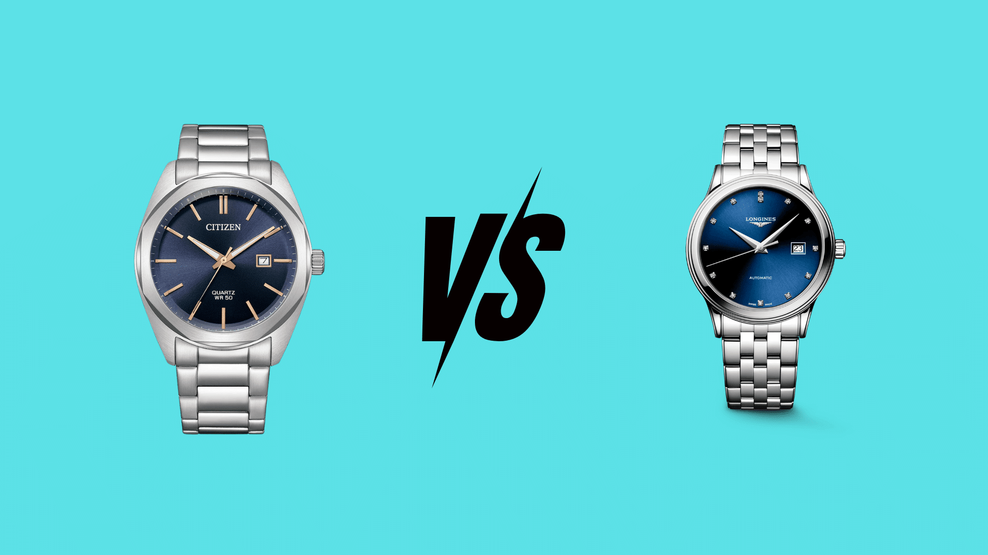Citizen quartz watch vs Longines automatic watch comparison with both watches shown side by side and VS symbol in center