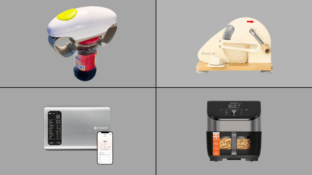 Collage of four kitchen gadgets including jar opener, manual bread slicer, smart food scale, and air fryer on gray background