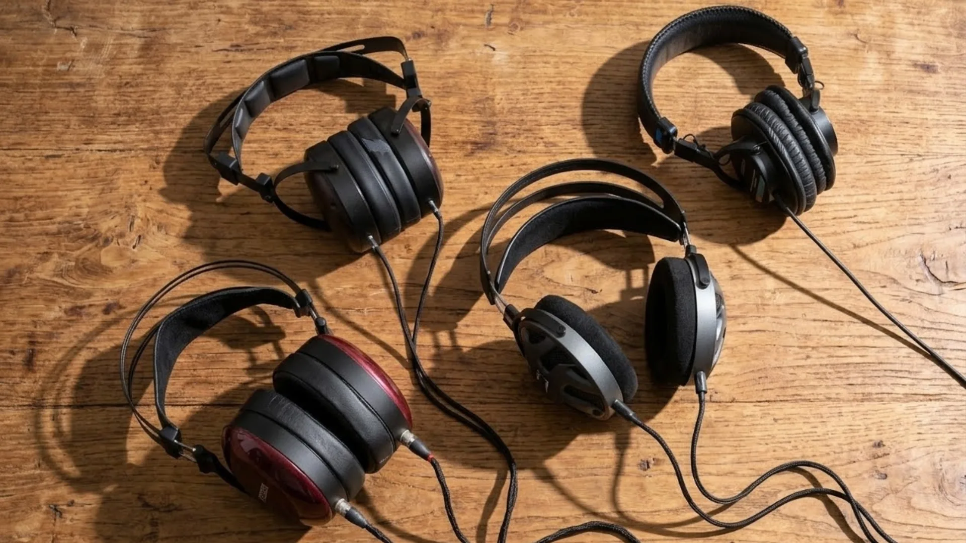Collection of wired audiophile headphones placed on wooden table showing different open-back and closed-back designs for music listening
