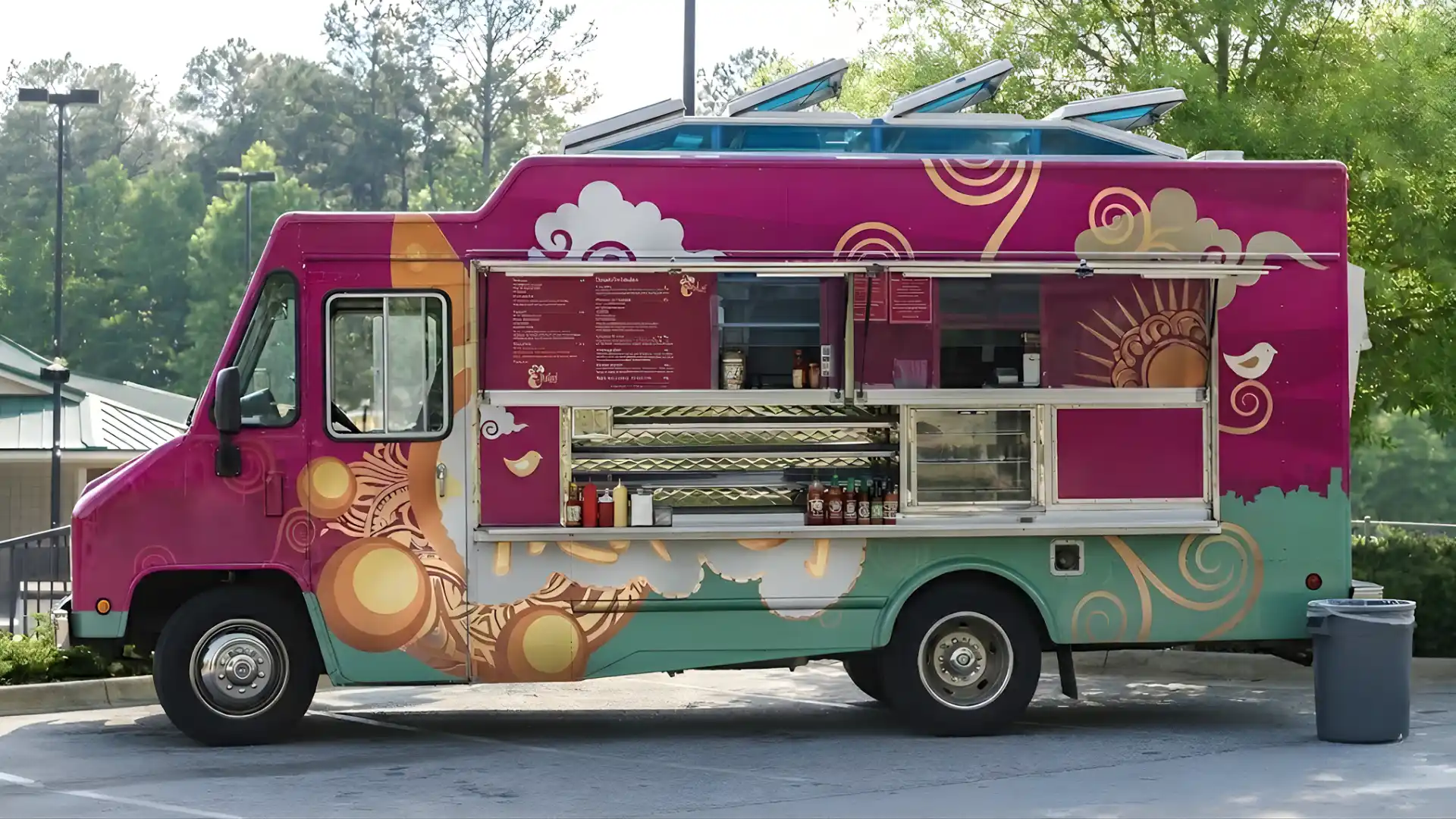 Colorful food truck with open service window and menu board parked outdoors near trees and sidewalk