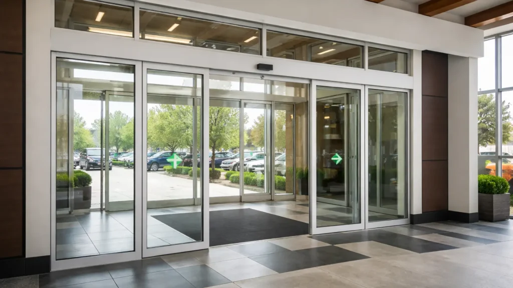 Commercial automatic doors with sliding glass doors at modern building entrance with motion sensors and visible parking area outside