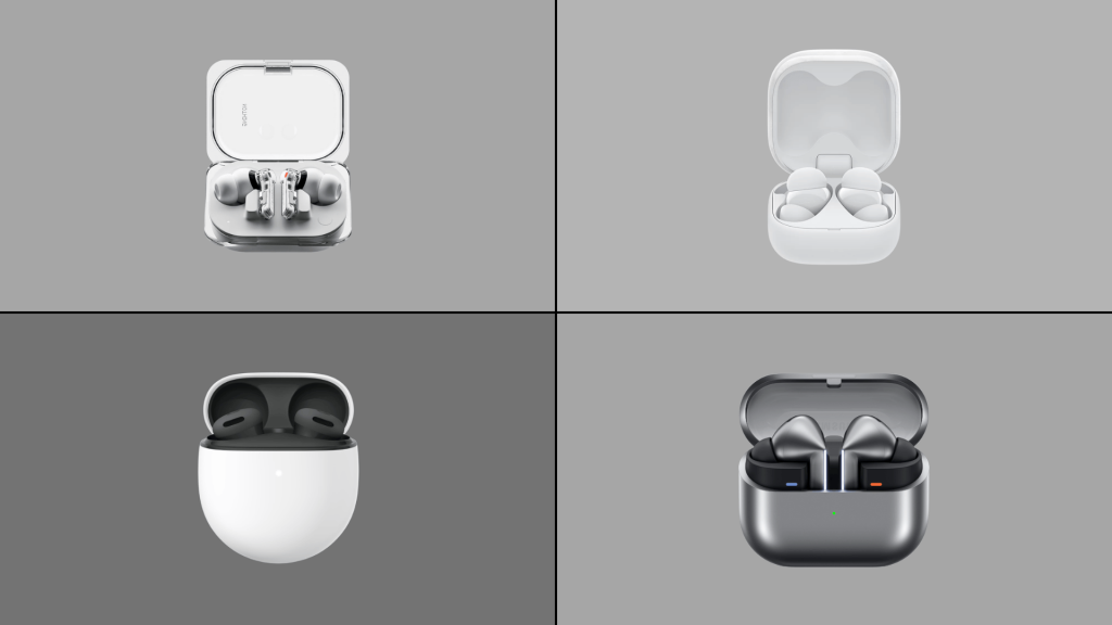 Comparison image showing Nothing Ear, Sony LinkBuds Fit, Google Pixel Buds and Samsung Galaxy Buds wireless earbuds in open cases
