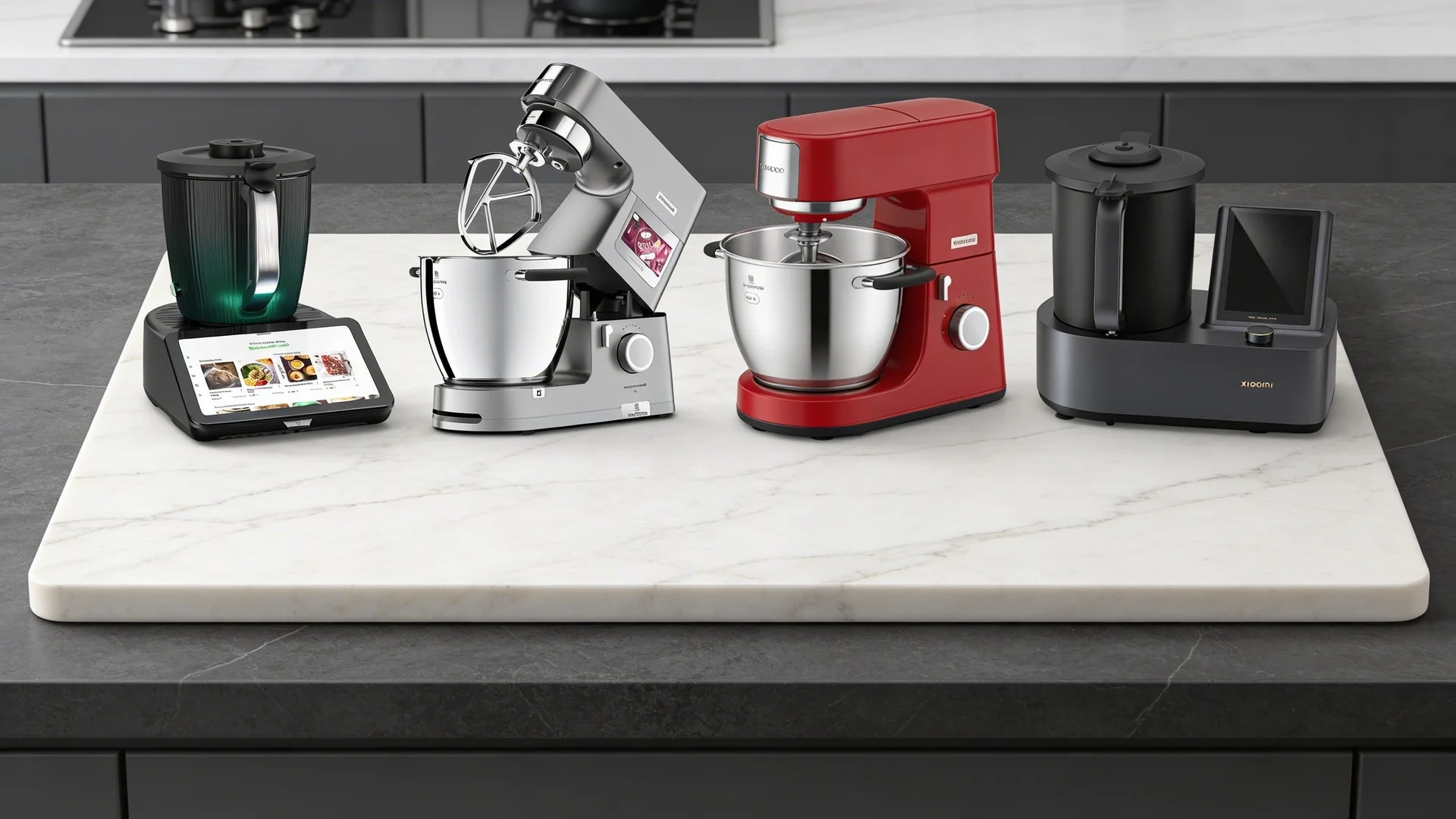 Comparison of kitchen robot machines on countertop including Thermomix, Kenwood mixer, and Xiaomi smart cooking robot