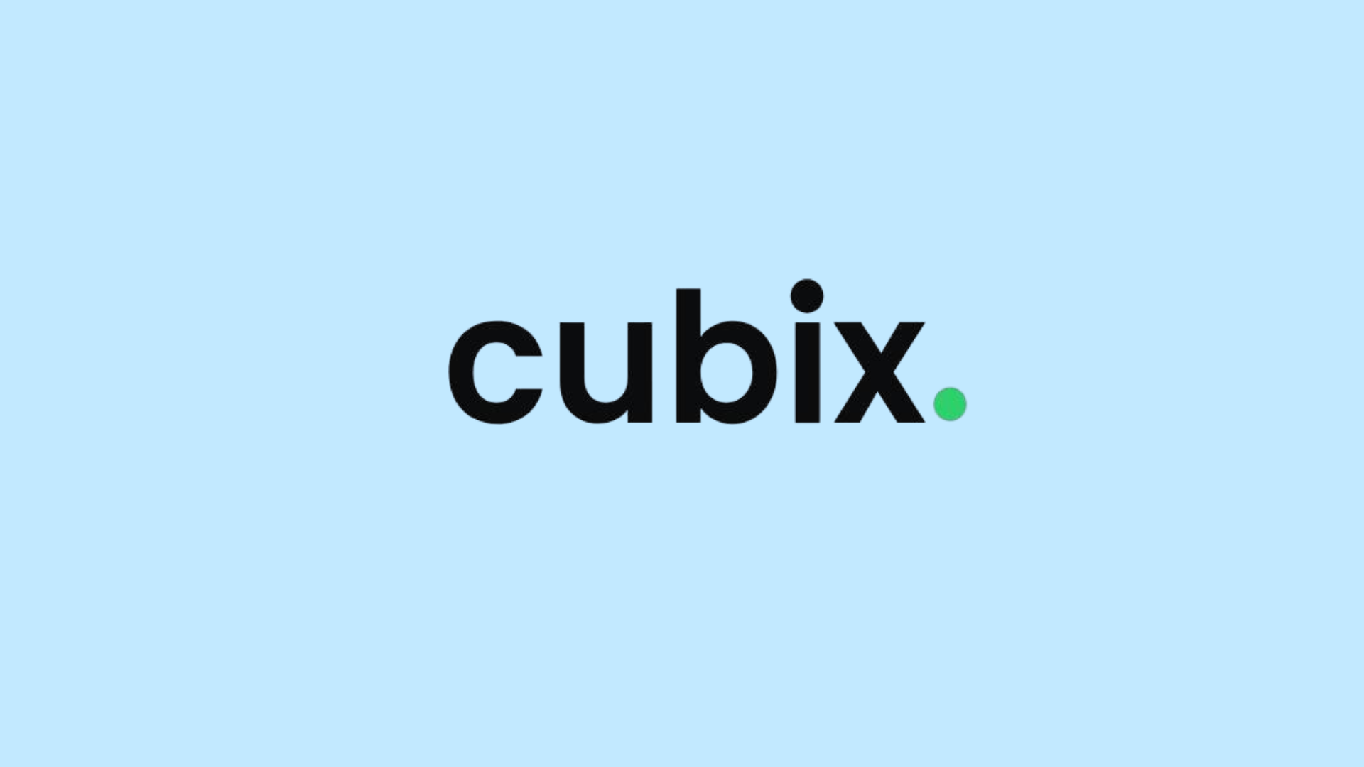 Cubix company logo with black cubix wordmark and green dot accent on a light blue background