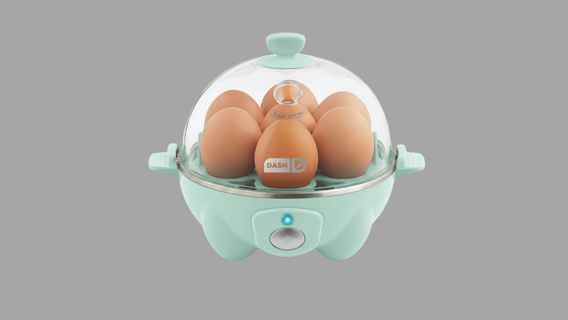 Dash electric egg cooker with clear lid, steam vent, and one touch control for boiling multiple eggs quickly