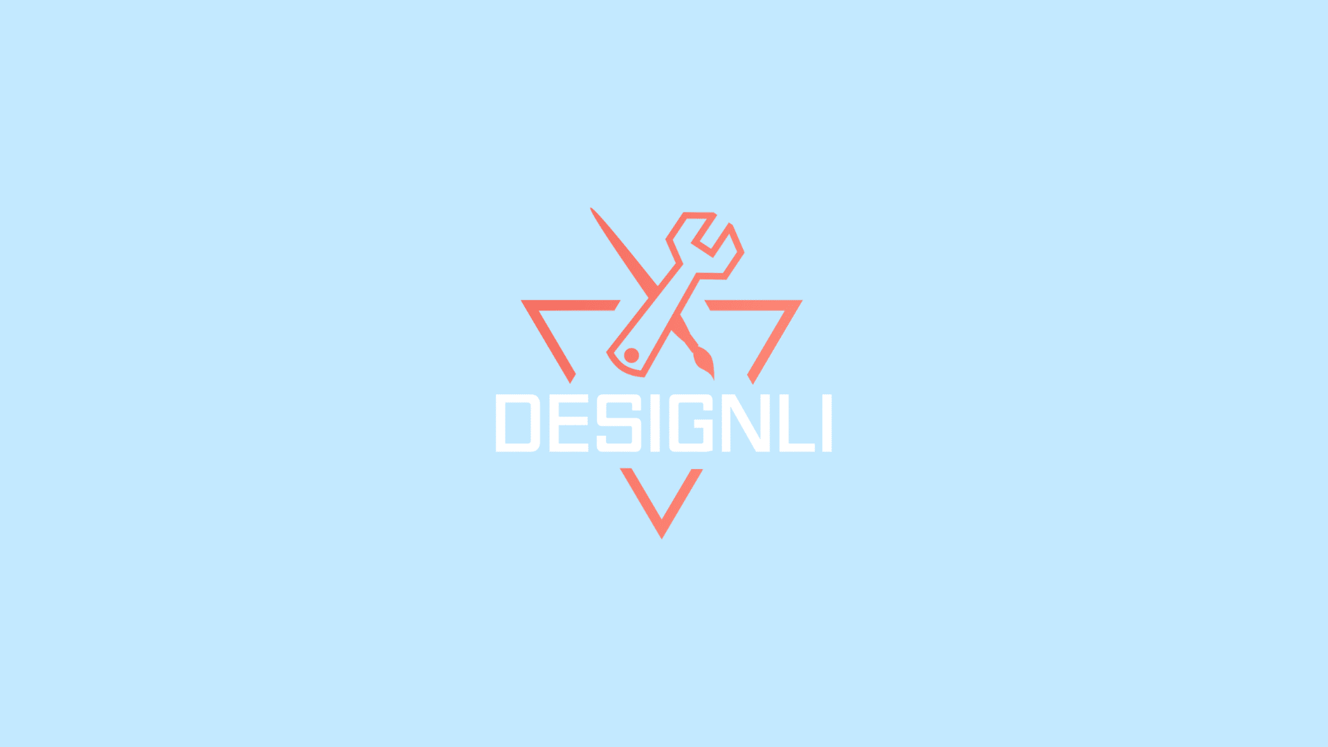 Designli logo with crossed wrench and paintbrush icon inside geometric lines above DESIGNLI text on a light blue background