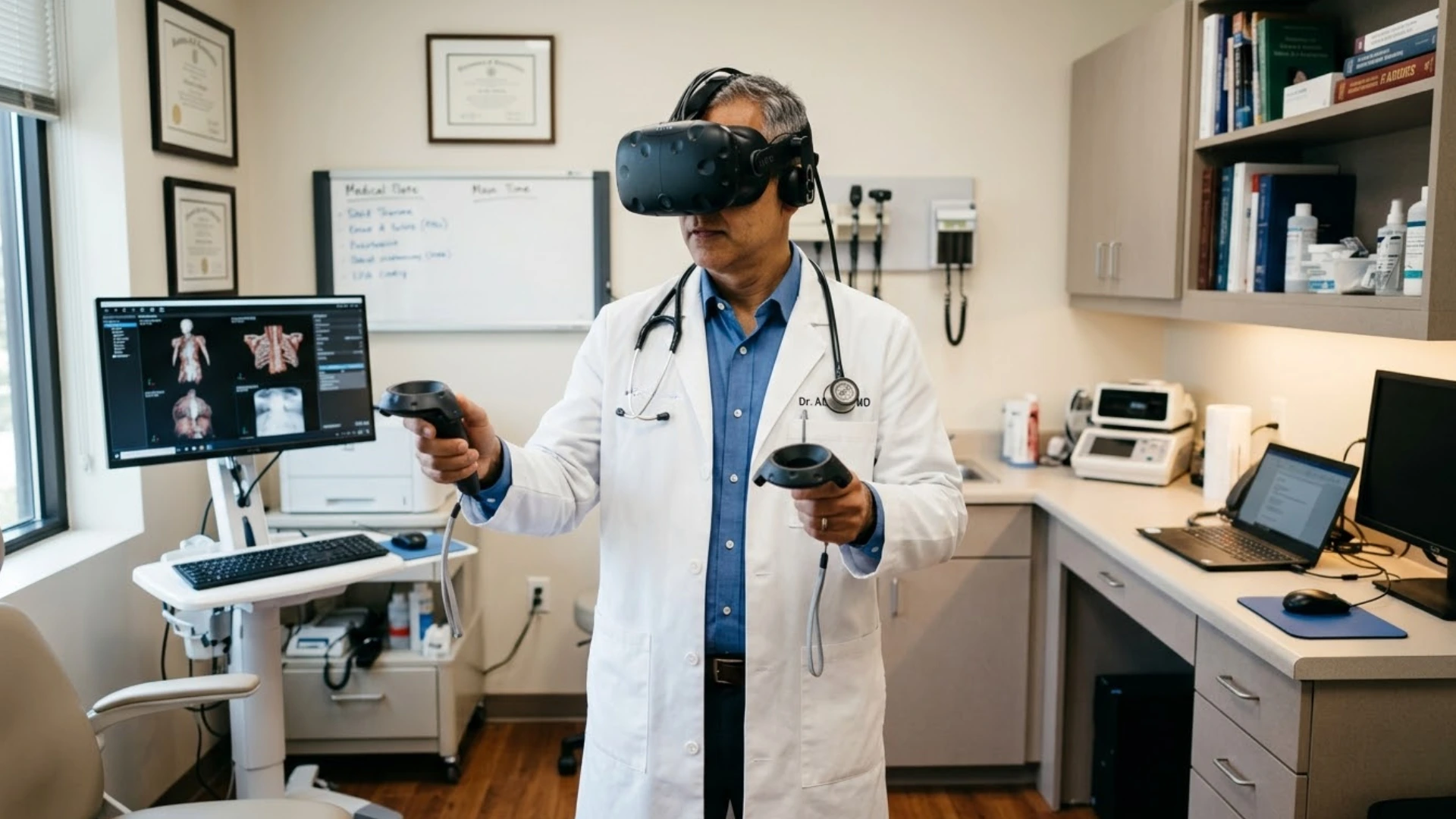 Doctor using virtual reality headset and controllers in medical office demonstrating VR technology for healthcare training