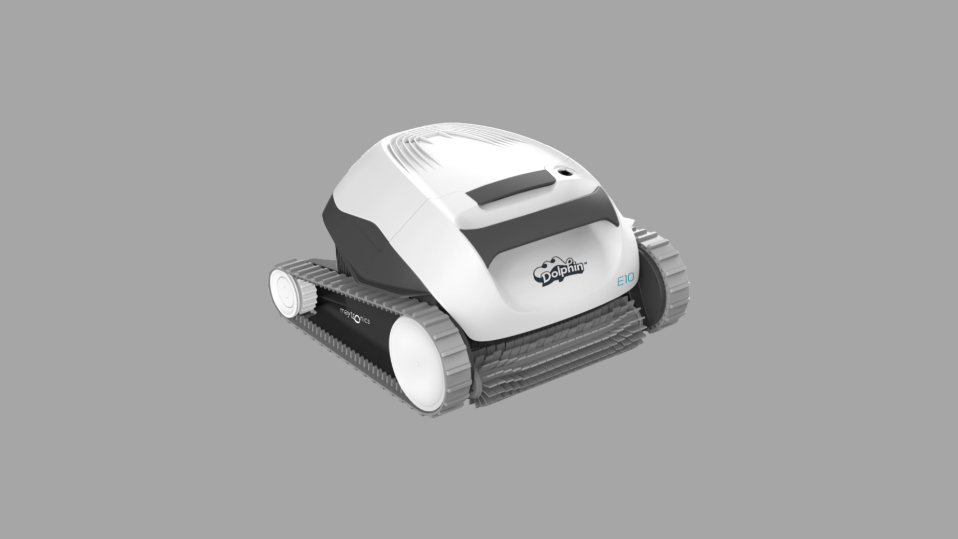 Dolphin E10 robotic pool cleaner with tracked wheels and active scrubbing brush designed for efficient pool cleaning