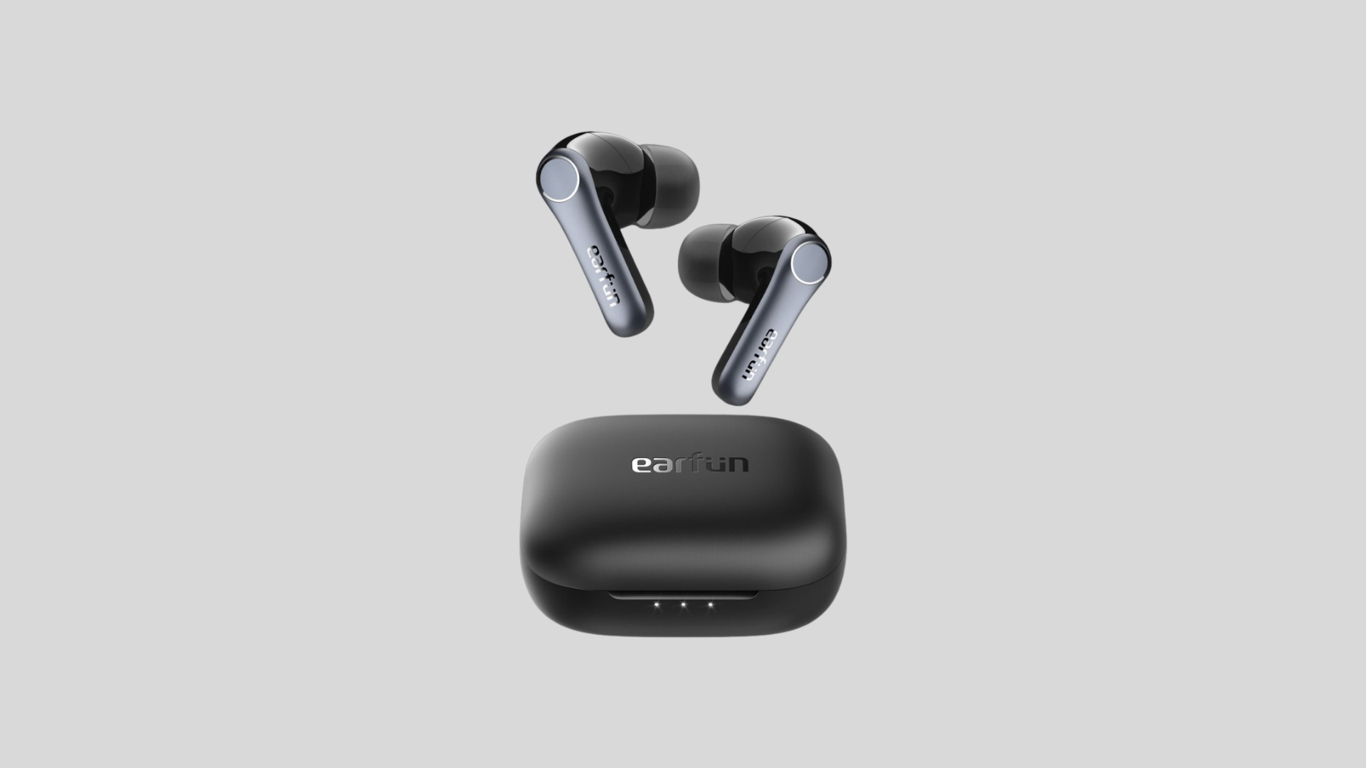 Earfun air pro 4 wireless earbuds with black charging case shown below highlighting compact design and affordable true wireless earbuds