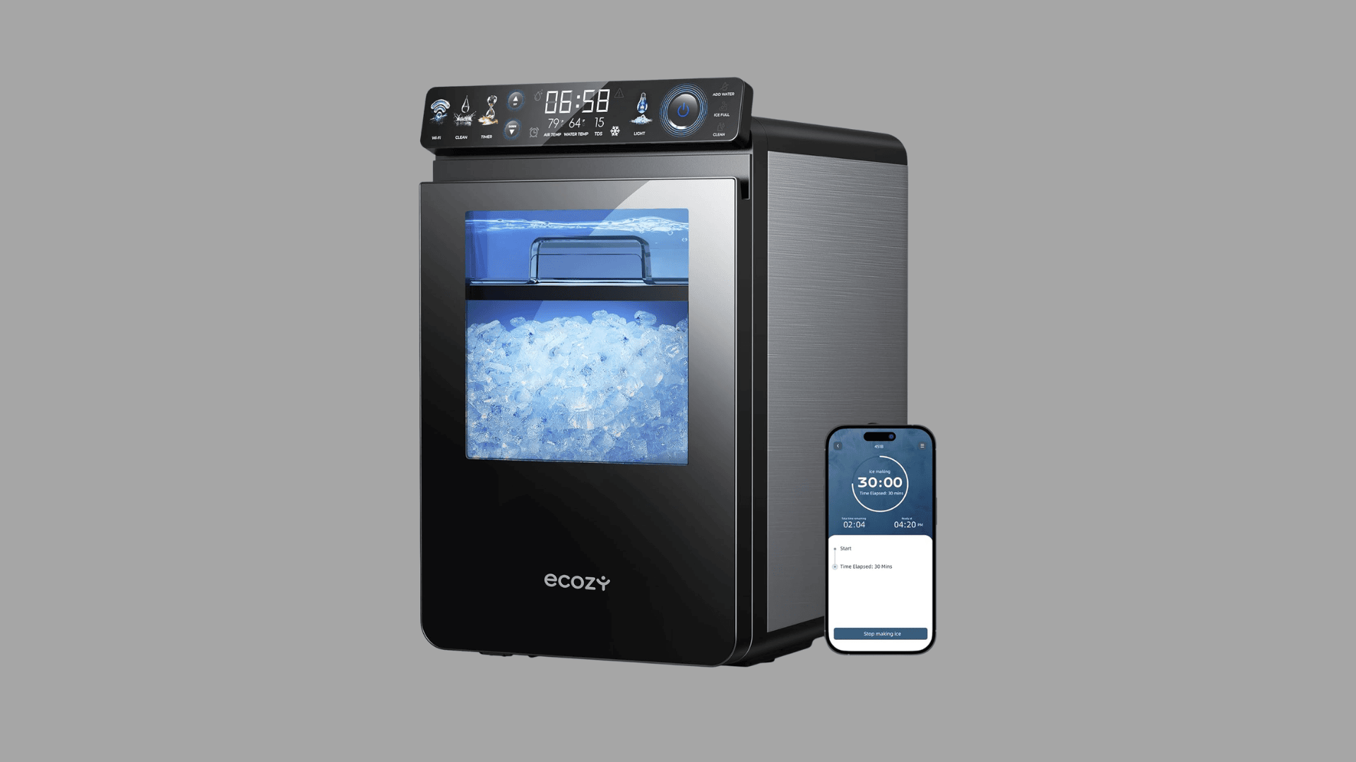 Ecozy smart countertop ice maker with digital display and app control for fast ice production at home