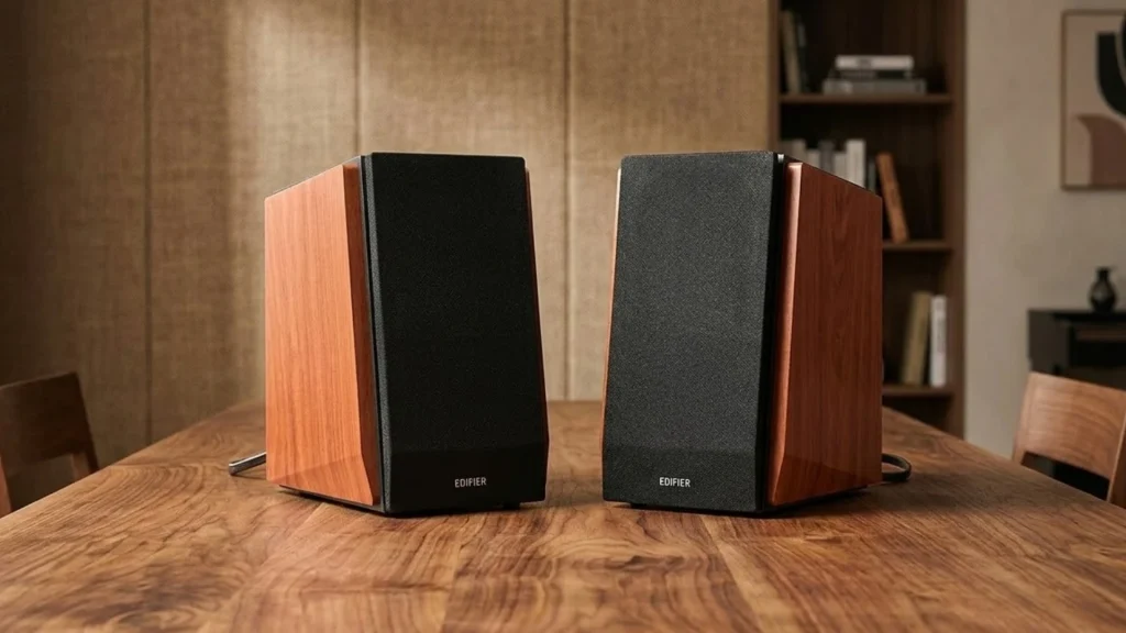 Edifier R1700BT bookshelf speakers with wooden cabinets placed on table, showing stereo speaker setup for home music and desktop audio use