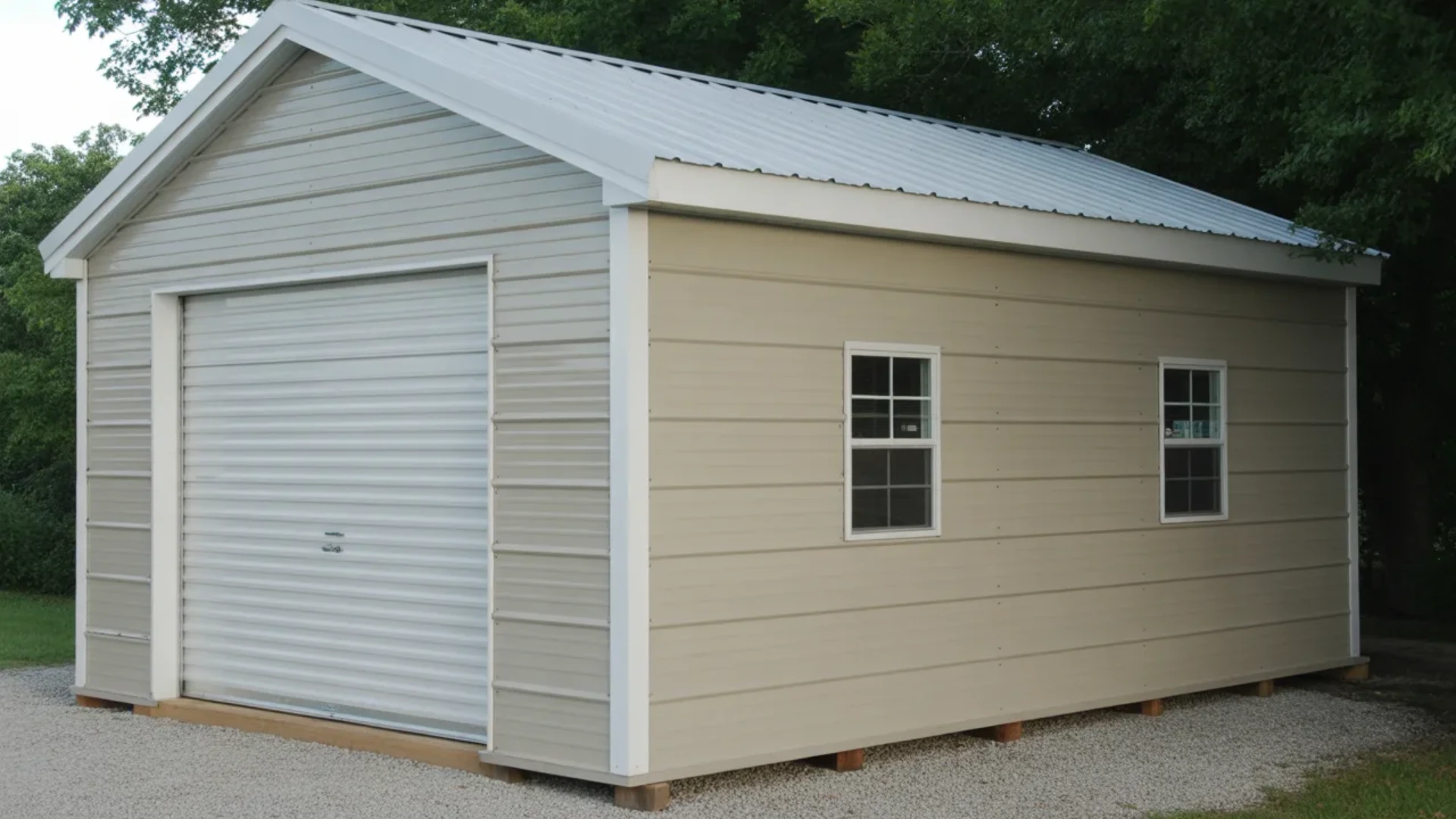 Enclosed metal garage style carport with roll up door and windows on gravel base beside trees