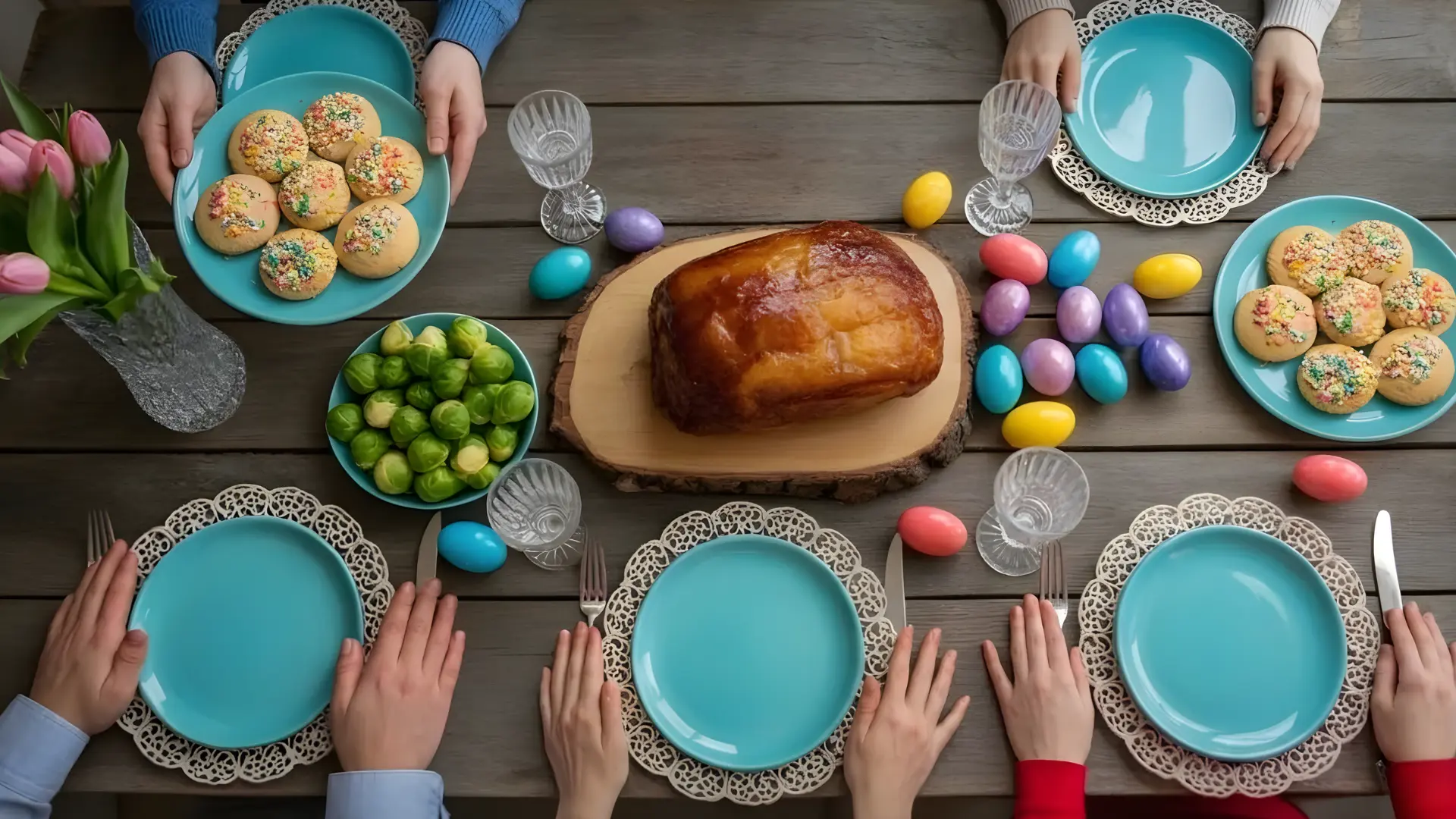 Family Easter dinner table with roasted ham, colorful eggs, cookies, Brussels sprouts, and turquoise plates arranged for a festive meal