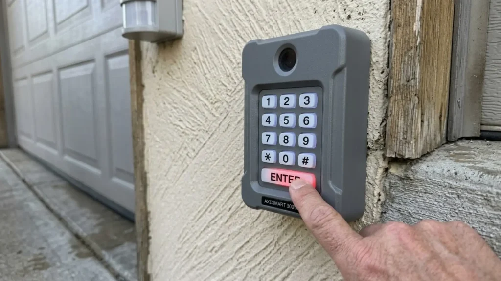 Finger pressing enter on garage keypad mounted beside residential garage door for secure keyless garage entry system
