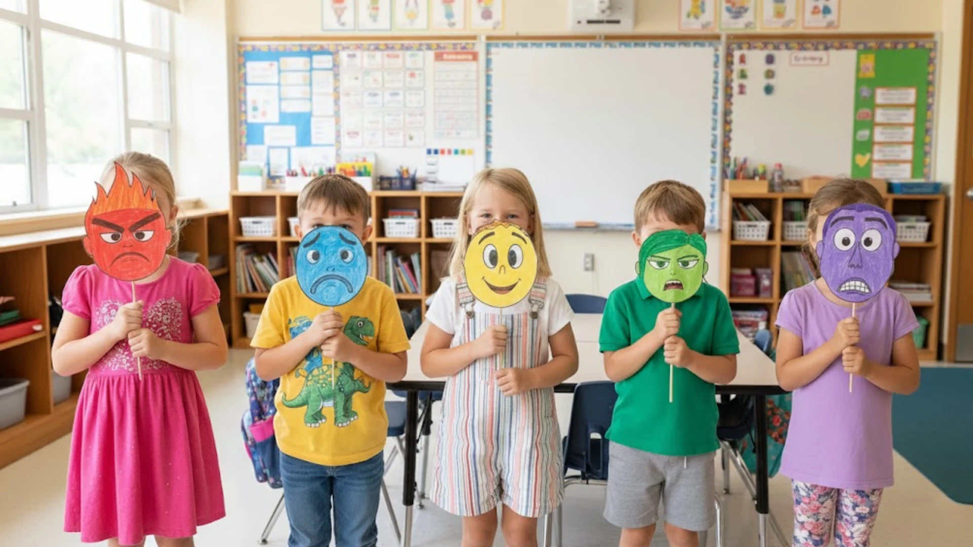 Five children holding colorful emotion face masks showing angry, sad, happy, sick, and scared expressions in classroom