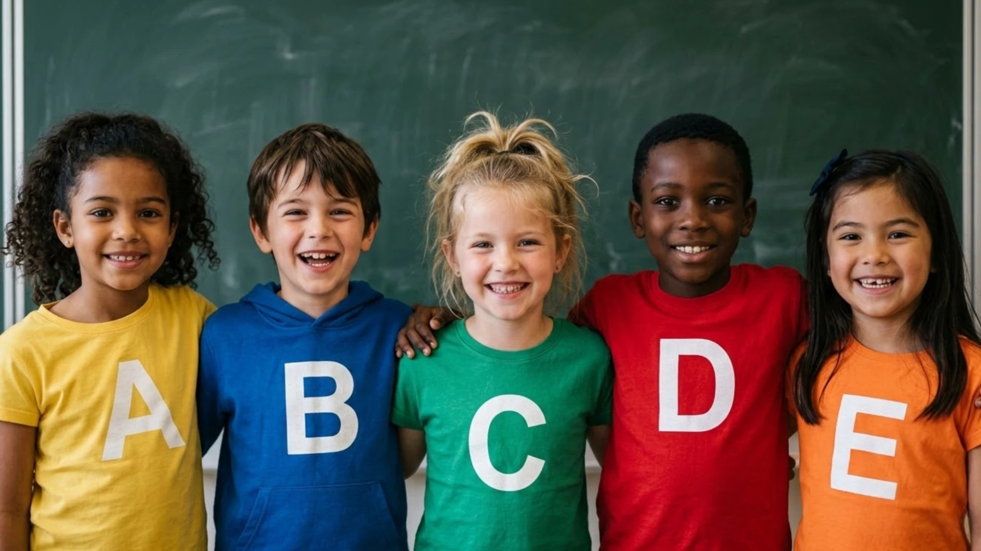 Five students wearing shirts with letters forming word during scrabble theme celebration for school spirit week
