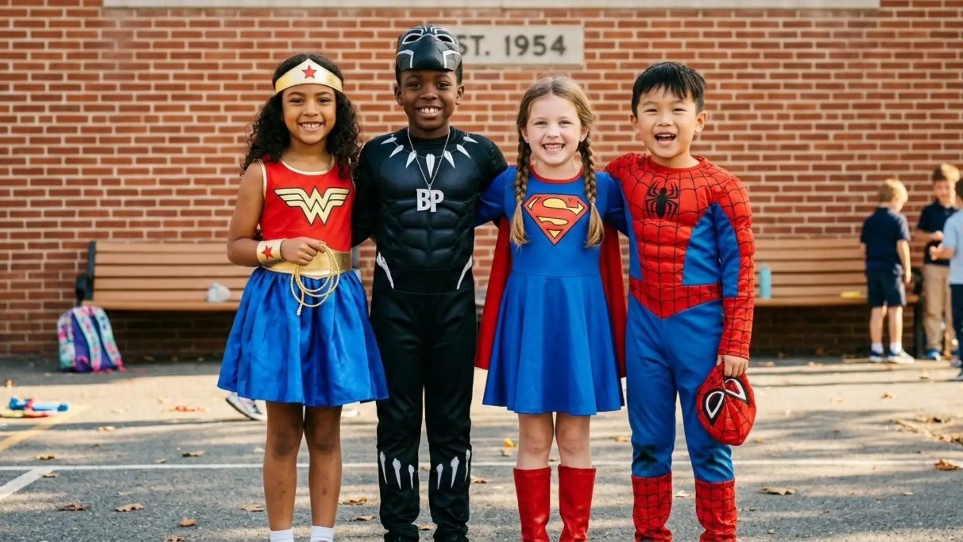 Four elementary students wearing superhero costumes posing outside school during superhero theme spirit week celebration