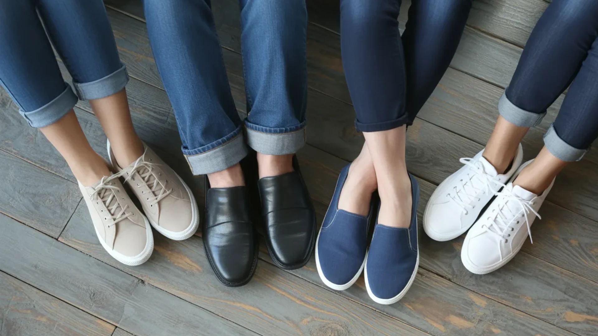 Four people sitting side by side wearing different casual shoes and jeans on a wooden floor