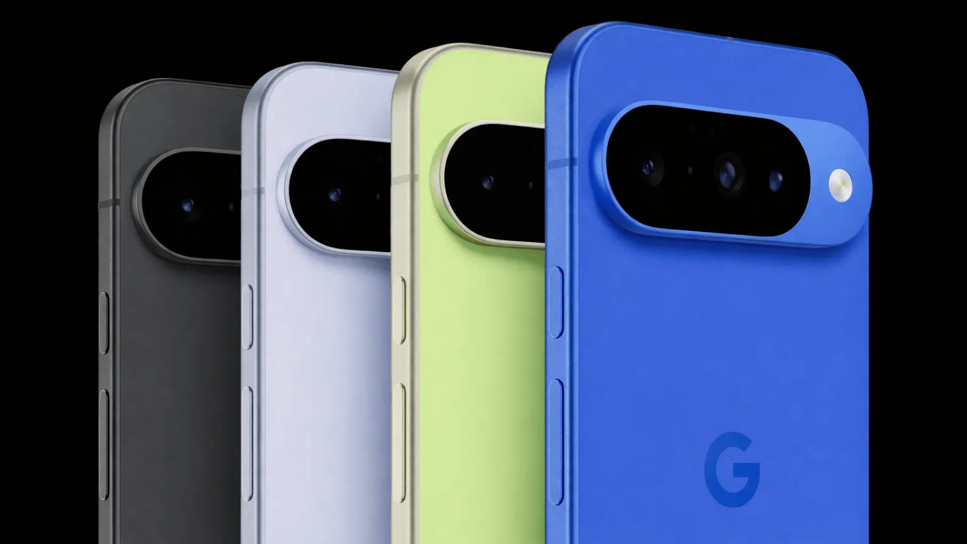 Four phones in black, silver, green, and blue shown from the side