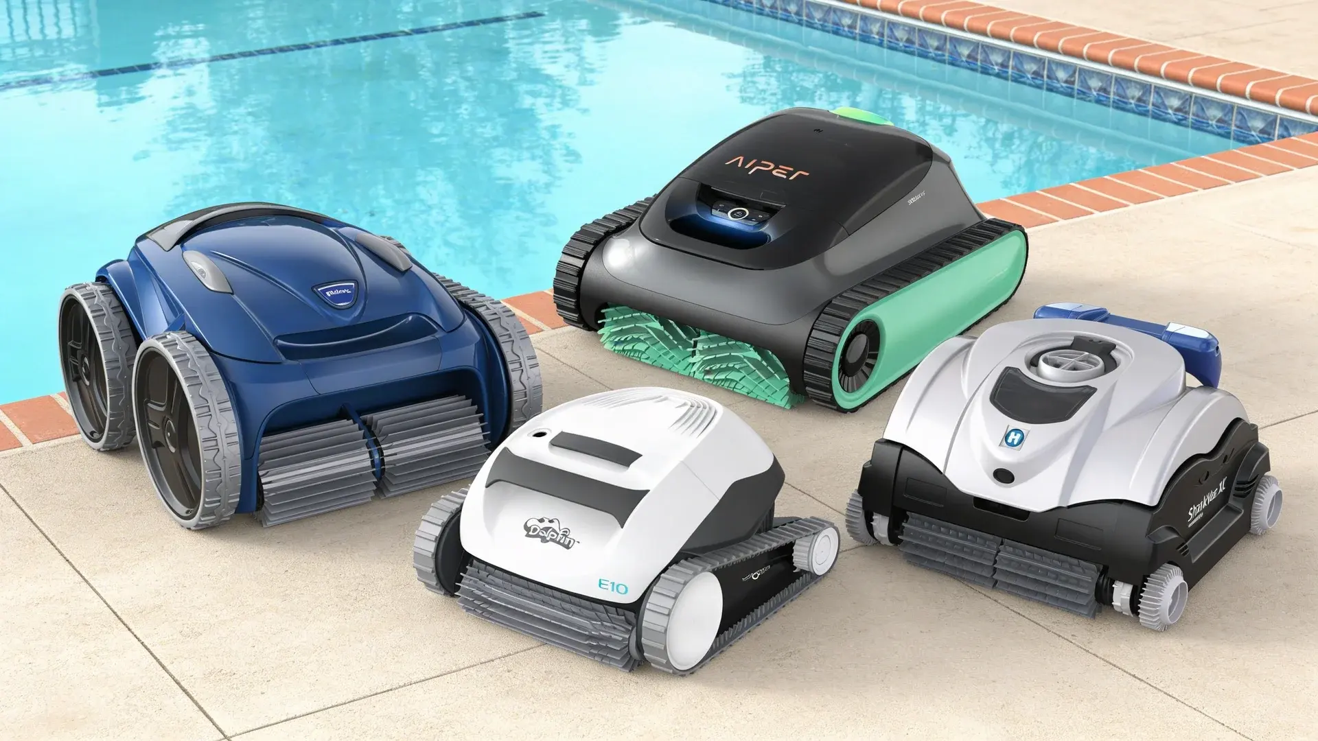 Four robotic pool cleaners placed beside a backyard swimming pool, showing different models for automated pool cleaning