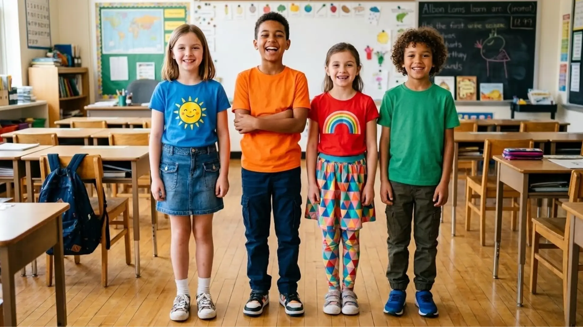 Four students wearing colorful outfits standing in classroom during bright color theme celebration for school spirit week