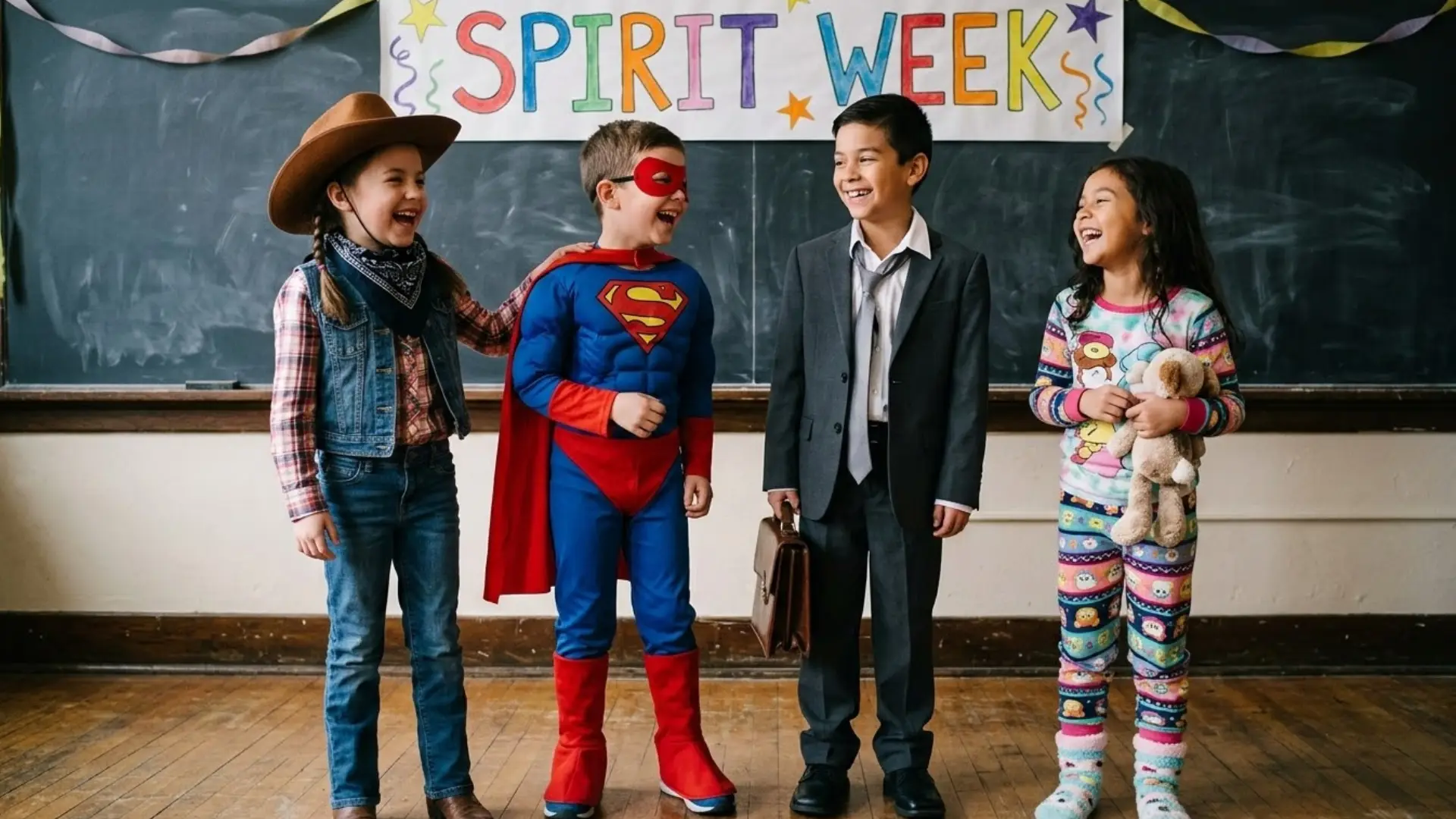 Four students wearing different spirit week costumes including cowboy, superhero, business suit, and pajamas standing under Spirit Week sign