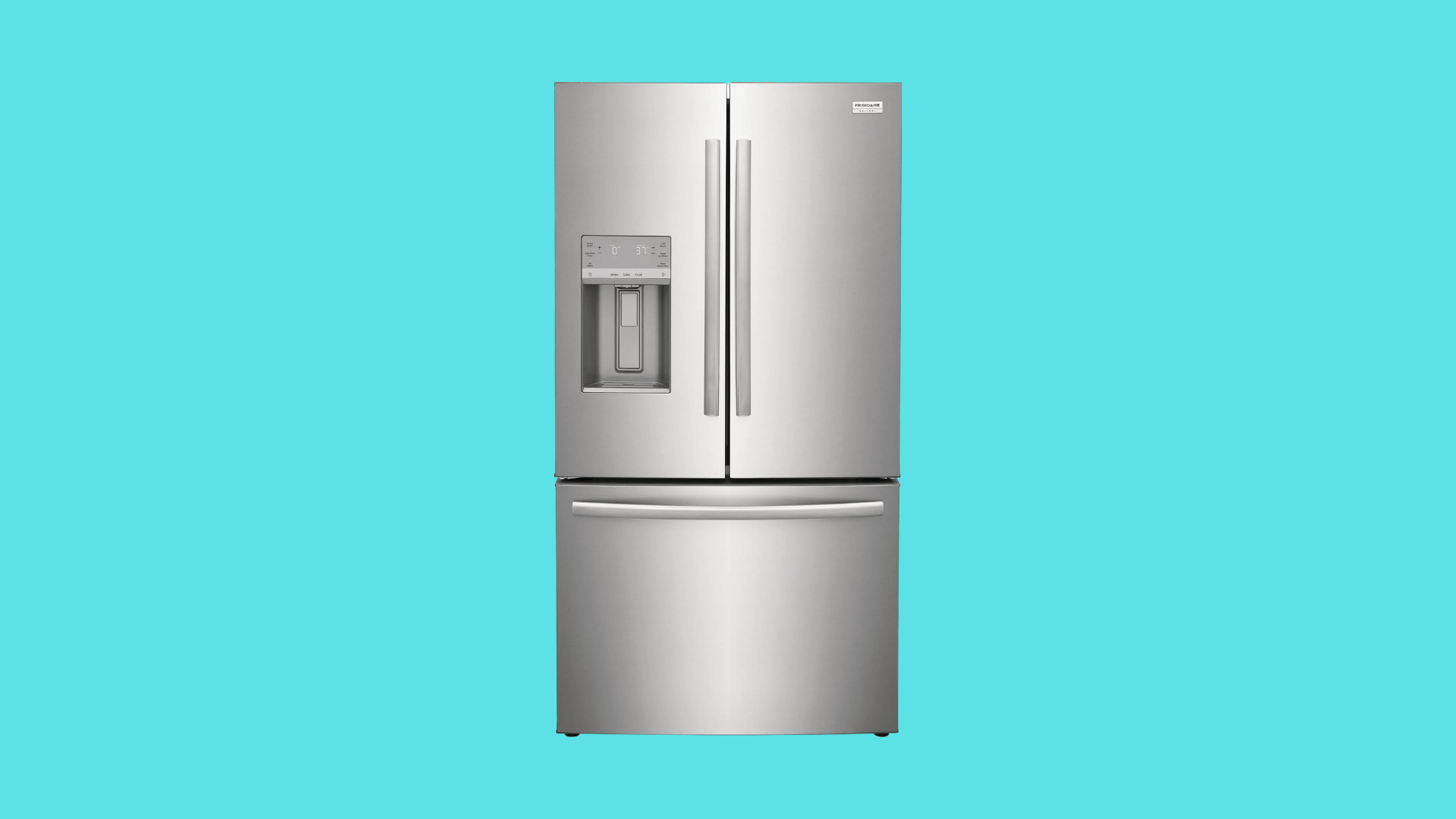 Frigidaire Gallery French door refrigerator with bottom freezer drawer, stainless steel finish, and built in ice dispenser