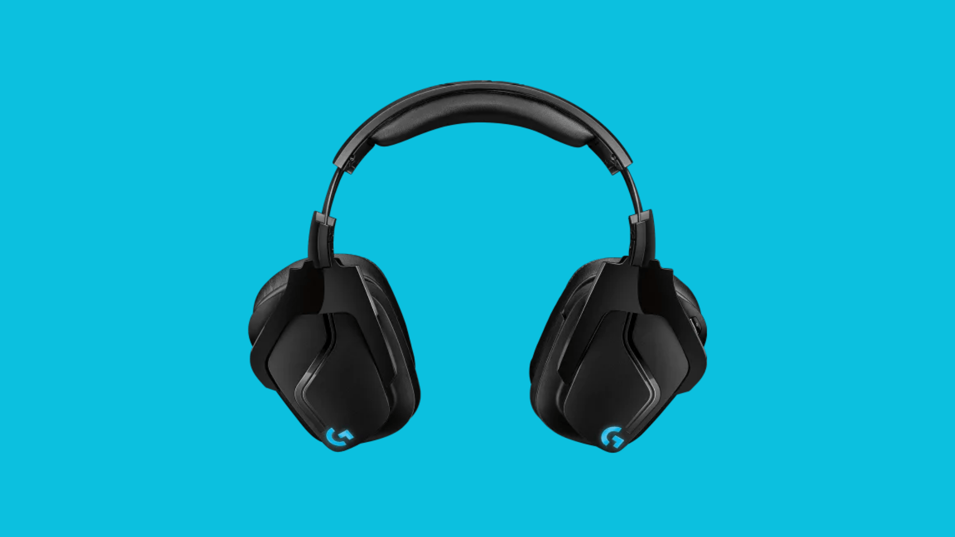 Front view of Logitech G935 wireless gaming headset with over ear design and blue RGB logo lighting on black background