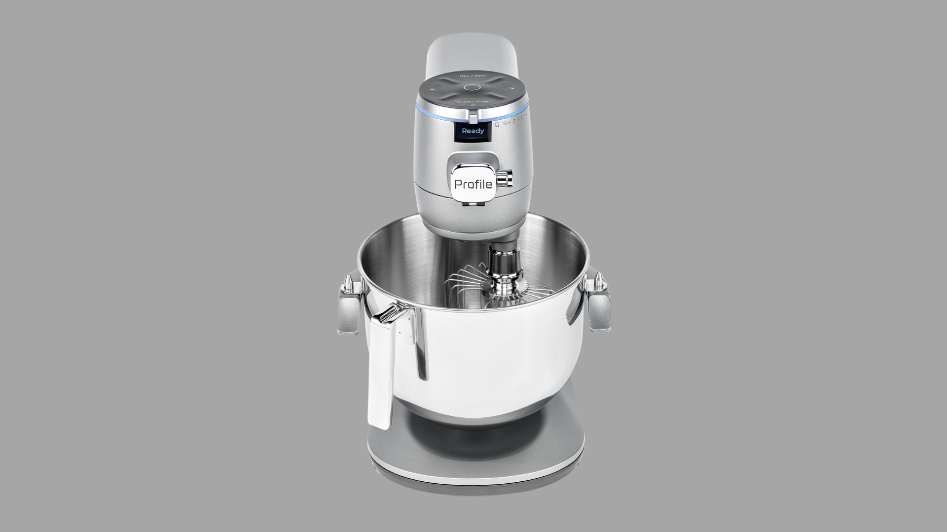 GE Profile Smart Mixer with stainless steel bowl and built in scale for precise baking and guided recipes