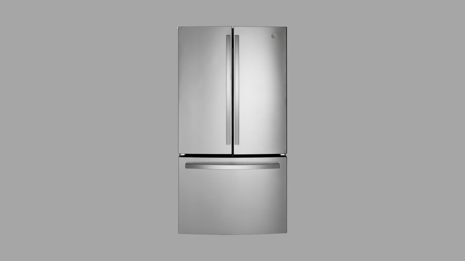 GE side by side refrigerator with stainless steel finish, dual doors, and built in ice and water dispenser on the front panel